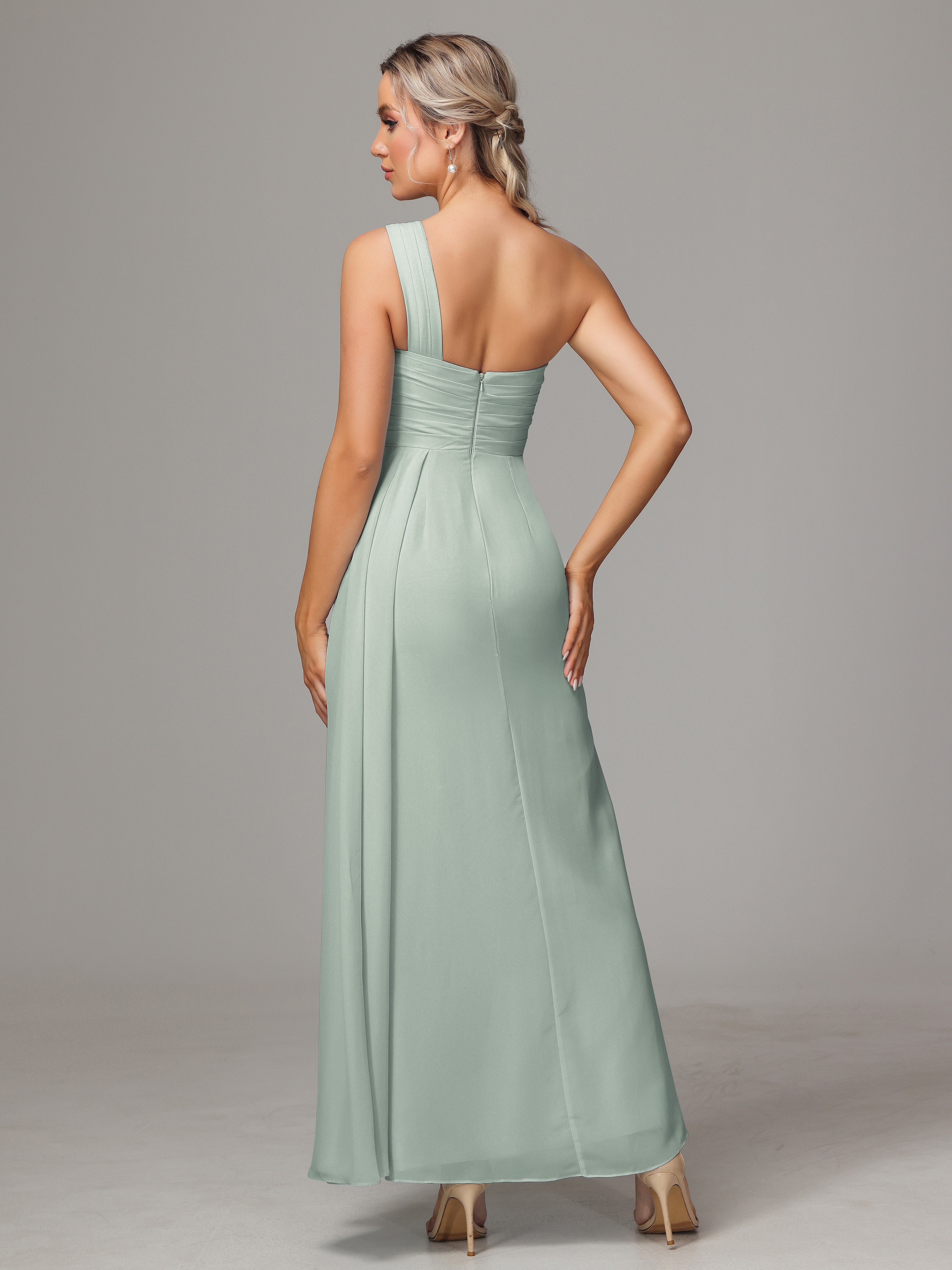 Robe Demoiselle D Honneur Vert Celadon Accueil Froid Trapèze Mousseline Longue Robes Demoiselle D'Honneur