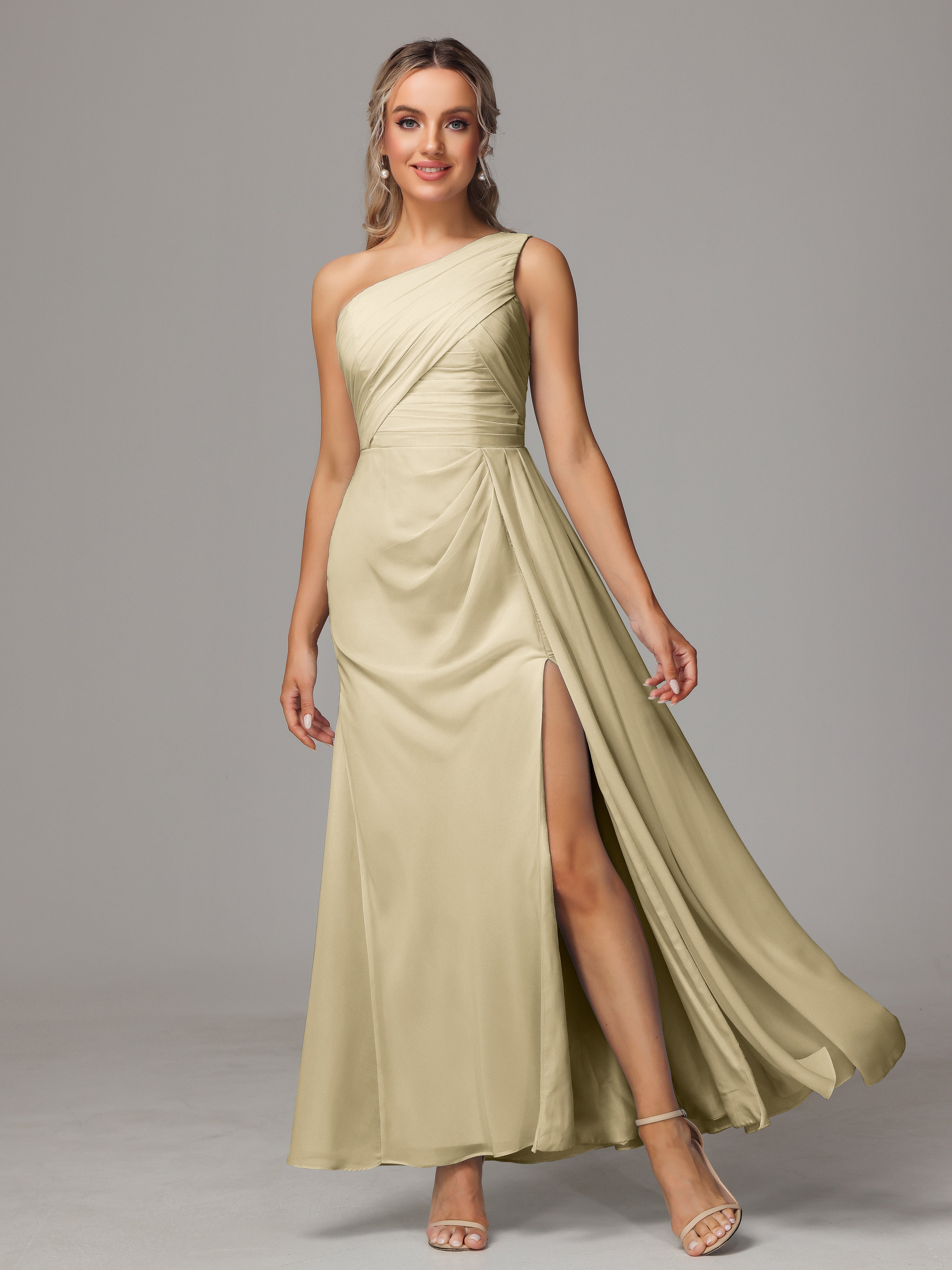Robe Demoiselle D Honneur Couleur Champagne Décolleté Asymétrique Trapèze Mousseline Longue Robes Demoiselle D'Honneur Avec Plissé
