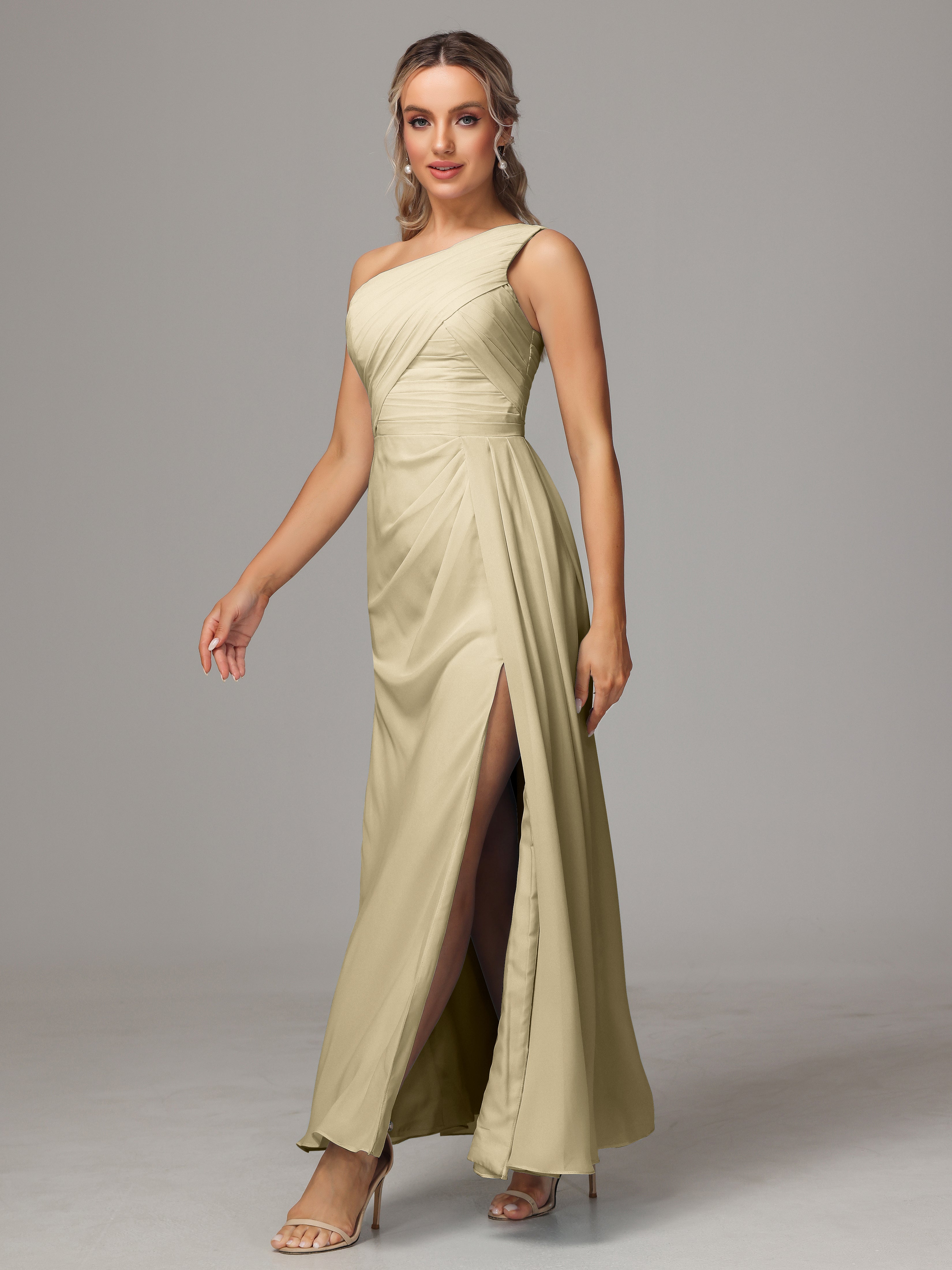 Robe Demoiselle D Honneur Couleur Champagne Décolleté Asymétrique Trapèze Mousseline Longue Robes Demoiselle D'Honneur Avec Plissé