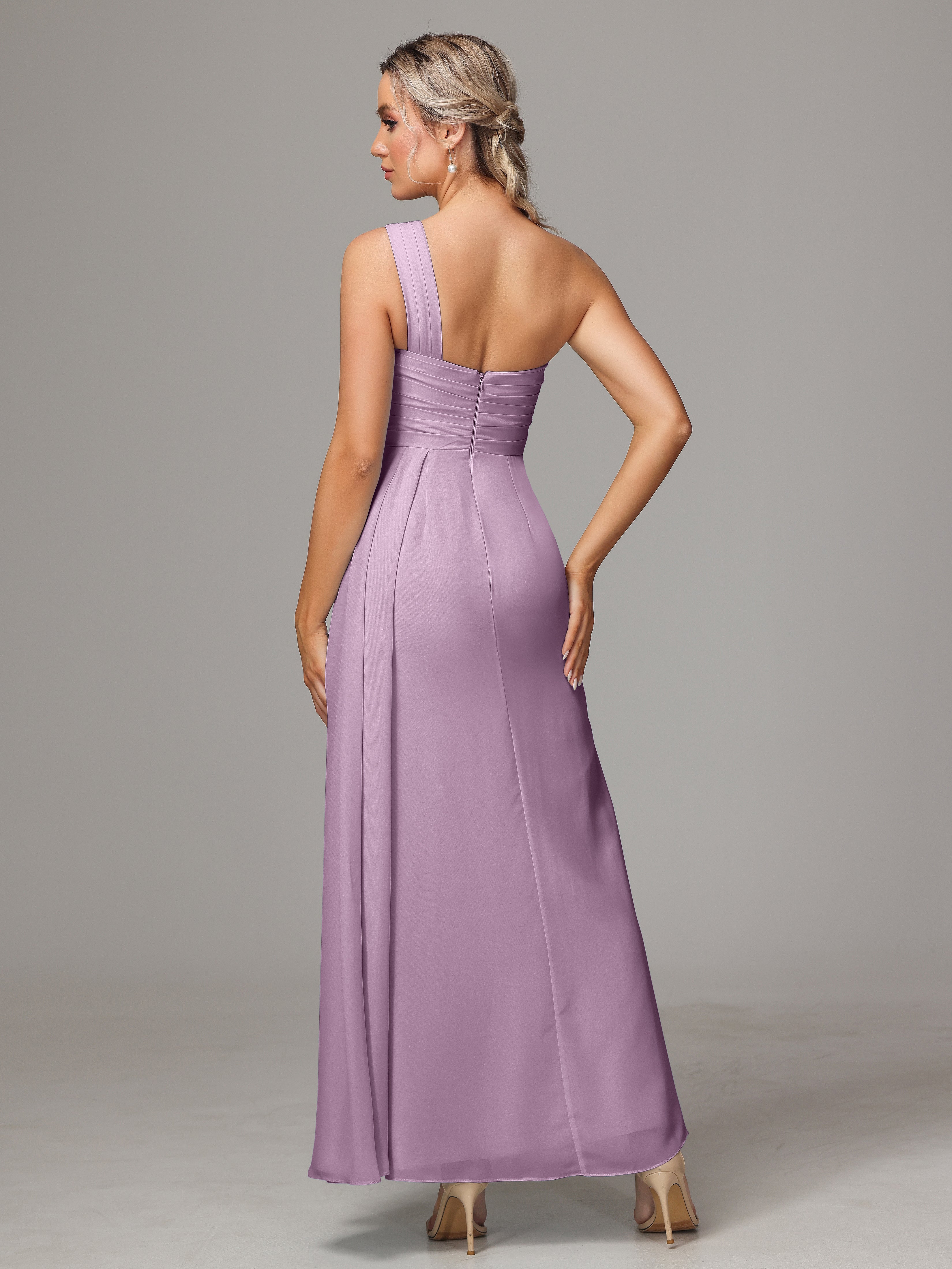 Robes De Demoiselle D'Honneur Glycine Décolleté Asymétrique Trapèze Mousseline Longue Robes Demoiselle D'Honneur Avec Plissé