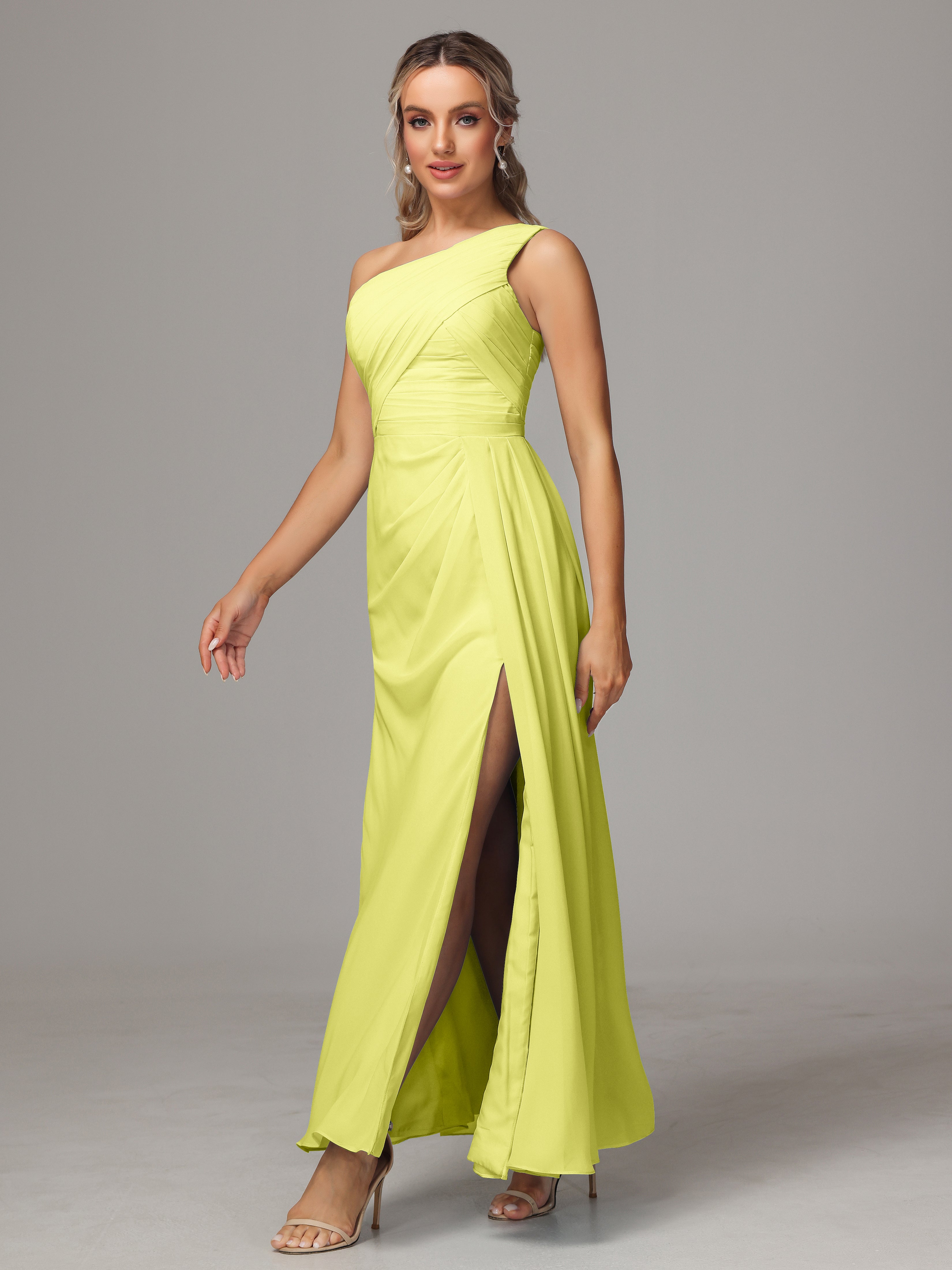 Robes De Demoiselle D'Honneur Jonquille Décolleté Asymétrique Trapèze Mousseline Longue Robes Demoiselle D'Honneur Avec Plissé