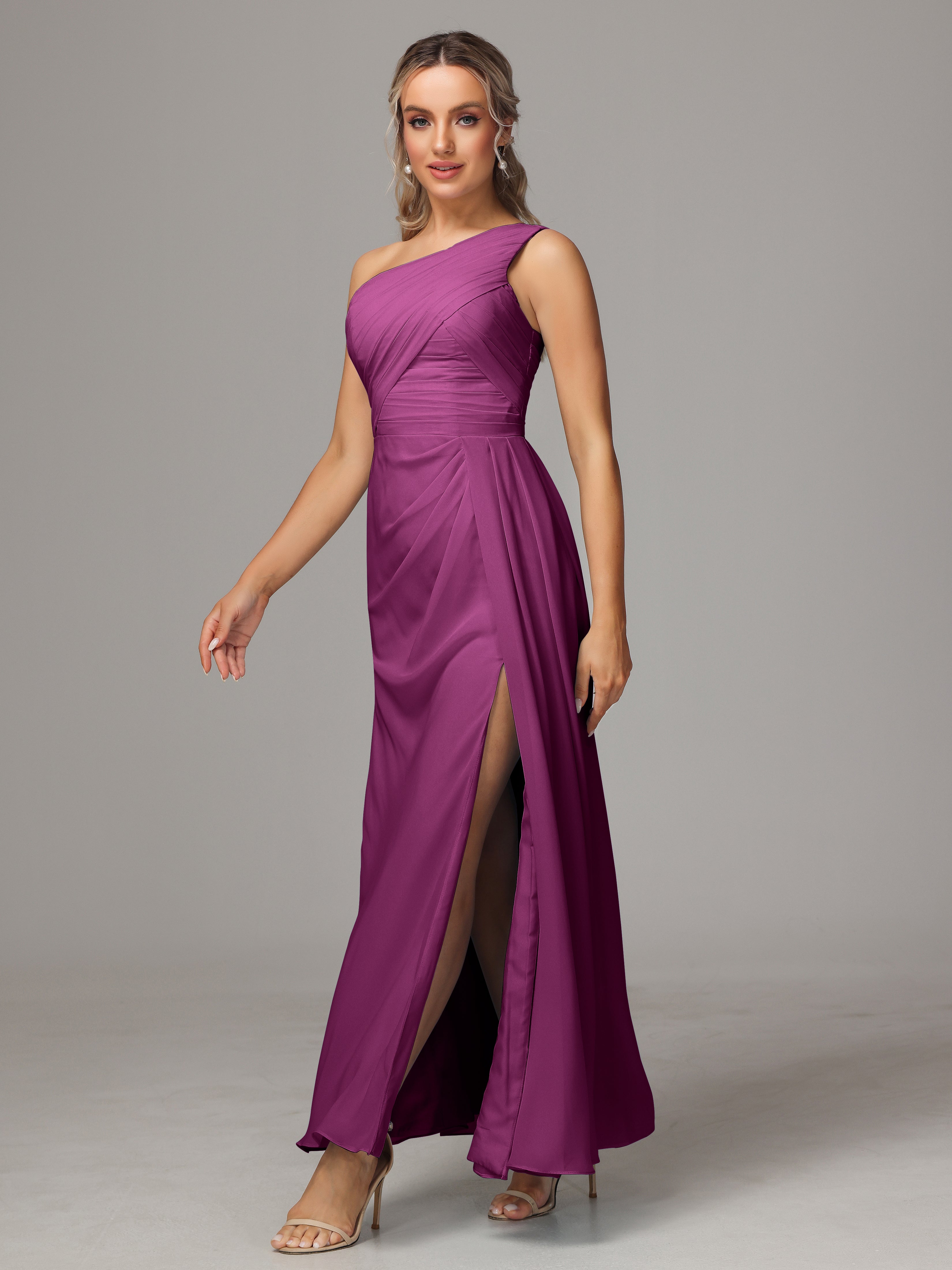 Robes De Demoiselle D'Honneur Orchidée Décolleté Asymétrique Trapèze Mousseline Longue Robes Demoiselle D'Honneur Avec Plissé