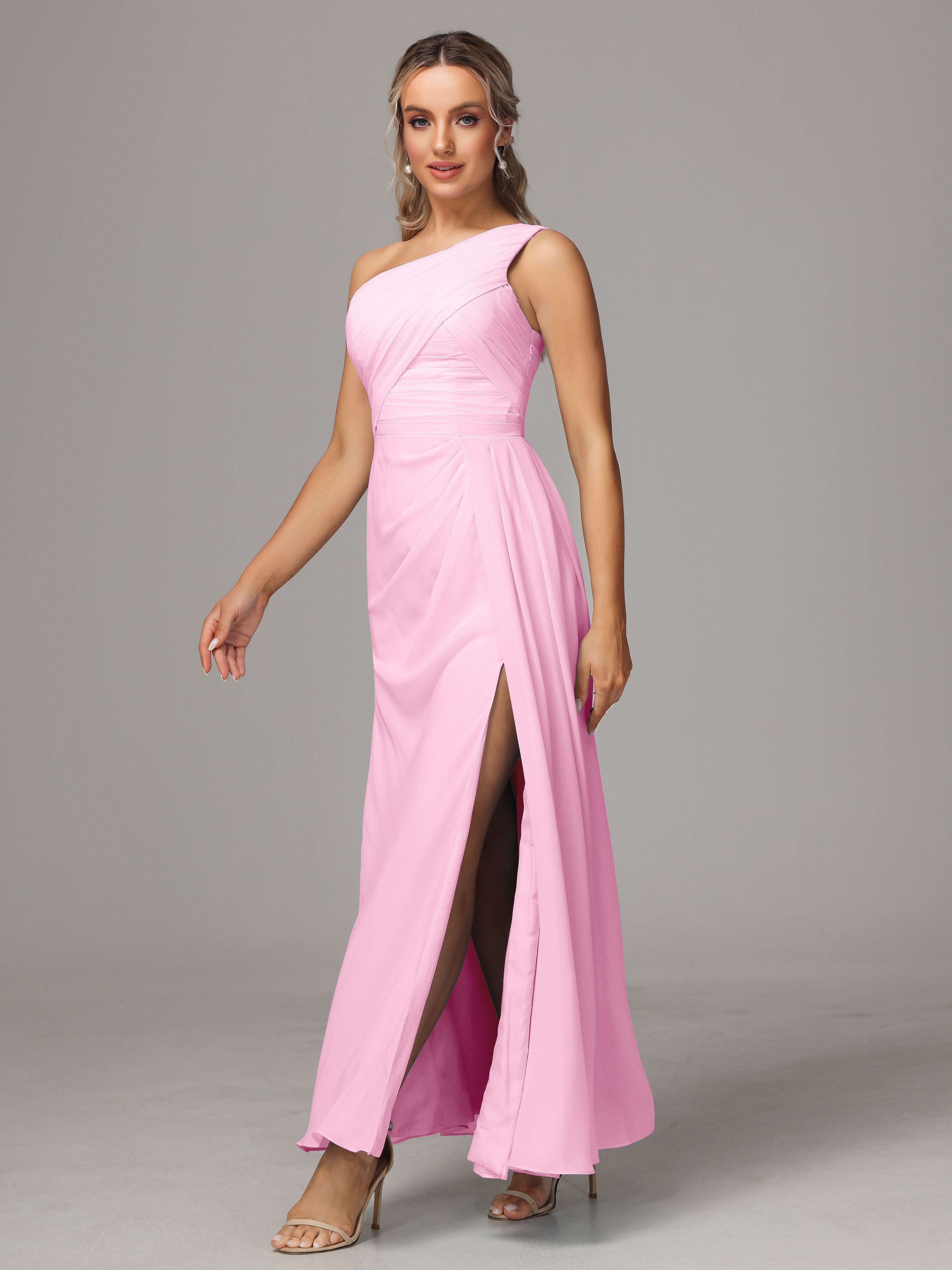 Robes De Demoiselle D'Honneur Rose Bonbon Décolleté Asymétrique Trapèze Mousseline Longue Robes Demoiselle D'Honneur Avec Plissé