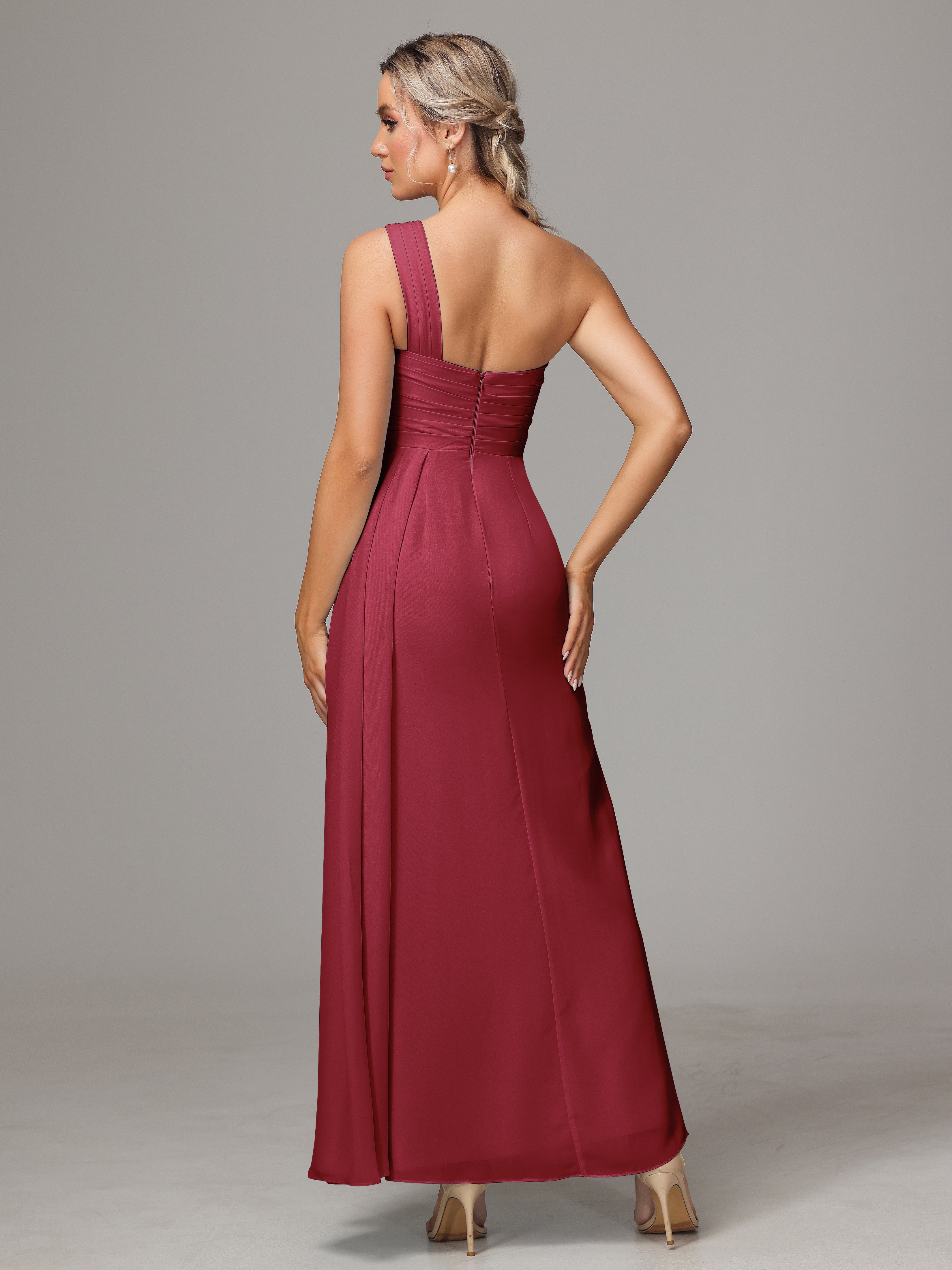 Robe Demoiselle D Honneur Rose Cannelle Décolleté Asymétrique Trapèze Mousseline Longue Robes Demoiselle D'Honneur Avec Plissé