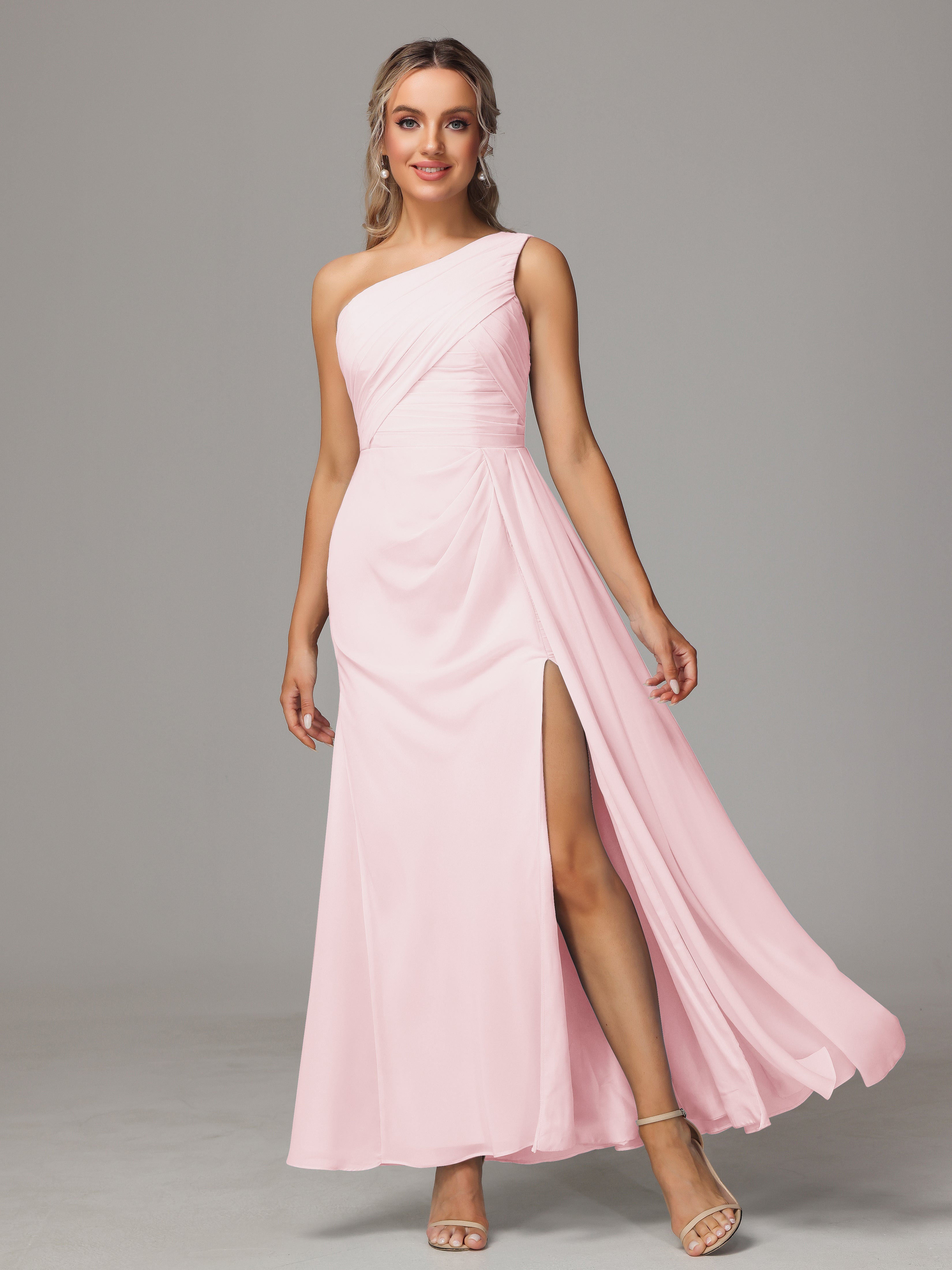 Demoiselle D Honneur Rose Pale Décolleté Asymétrique Trapèze Mousseline Longue Robes Demoiselle D'Honneur Avec Plissé