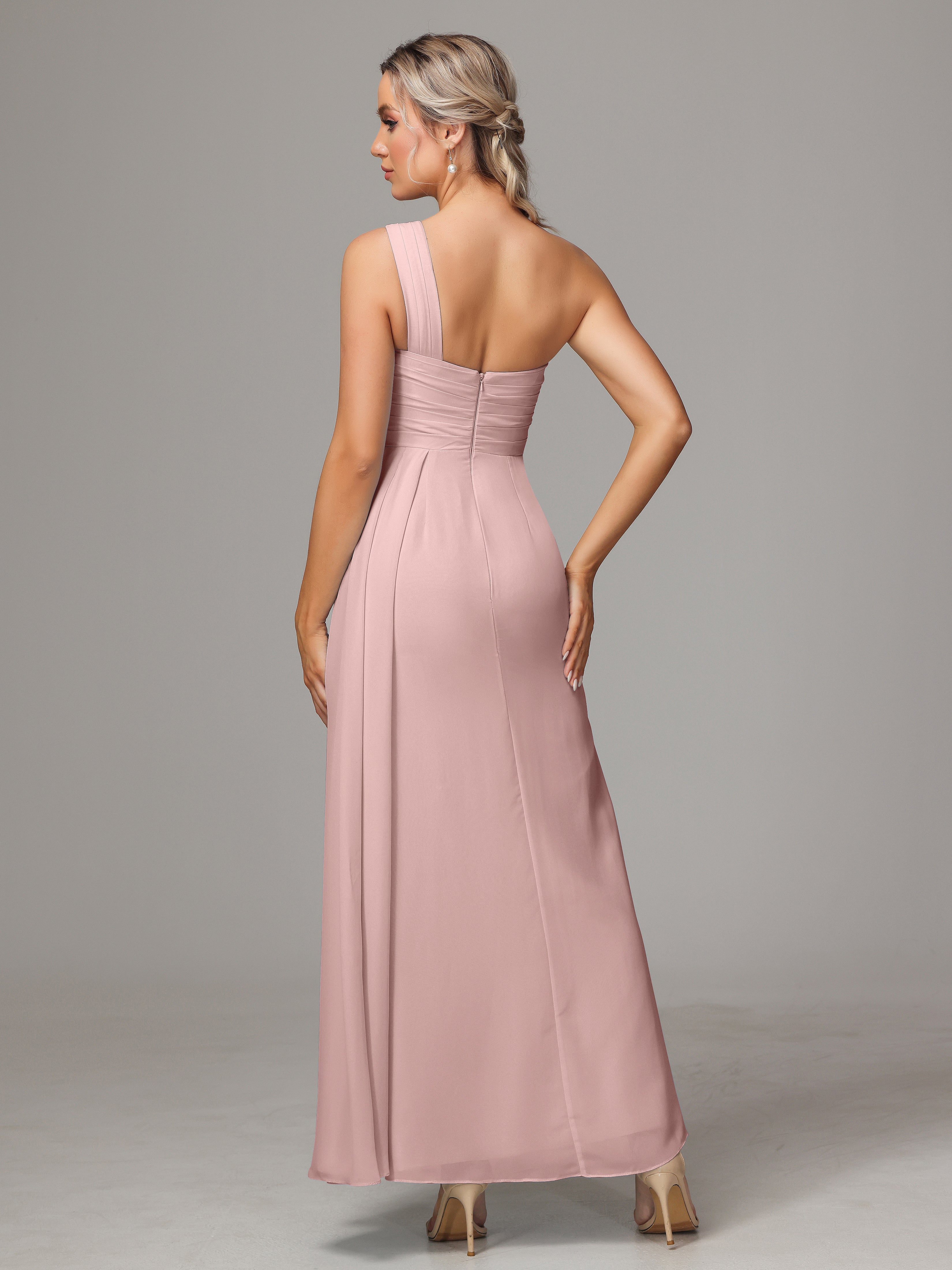 Robe Rose Poudré Demoiselle D Honneur Décolleté Asymétrique Trapèze Mousseline Longue Robes Demoiselle D'Honneur Avec Plissé