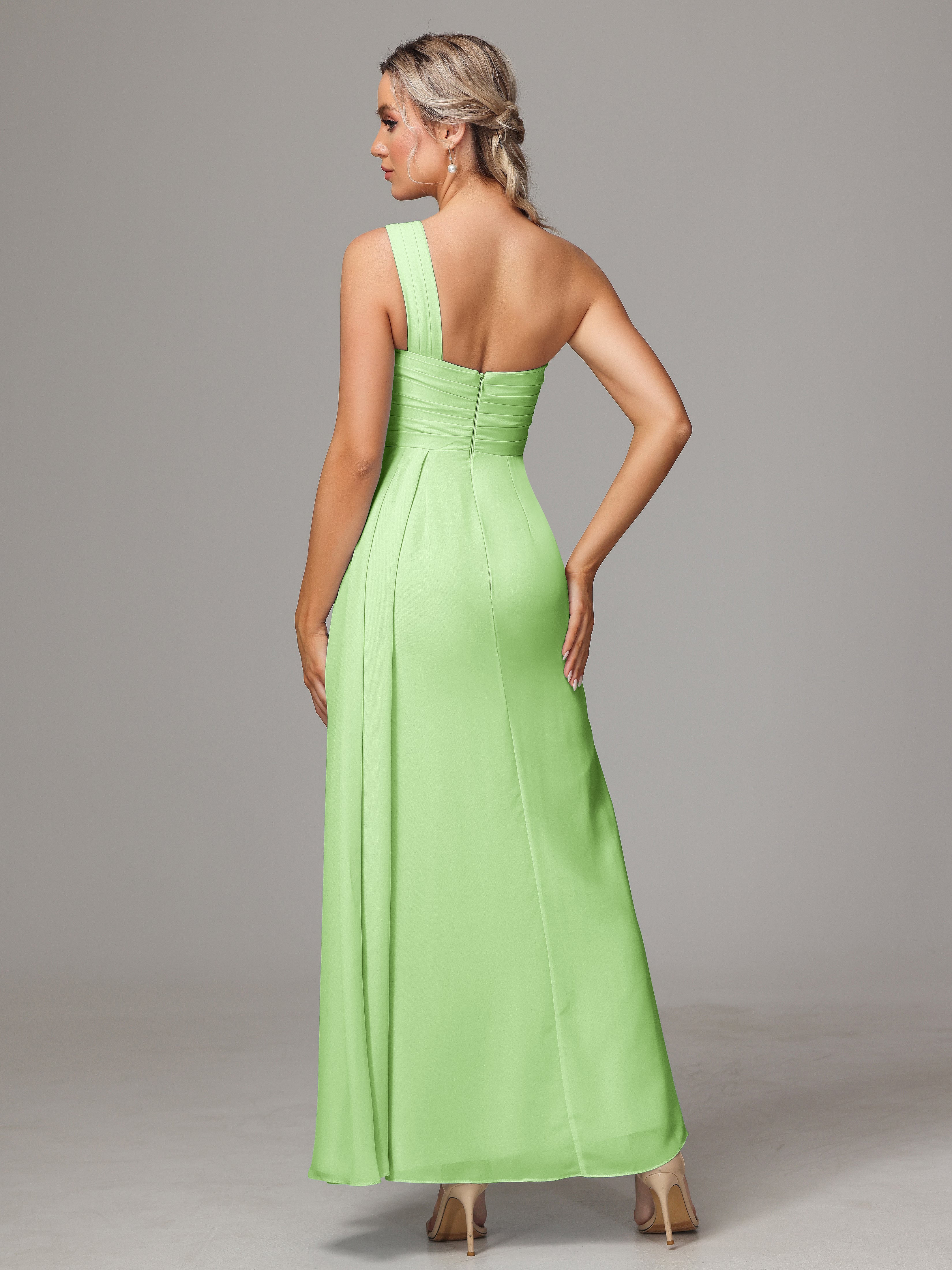 Robe Demoiselle D Honneur Sauge Décolleté Asymétrique Trapèze Mousseline Longue Robes Demoiselle D'Honneur Avec Plissé