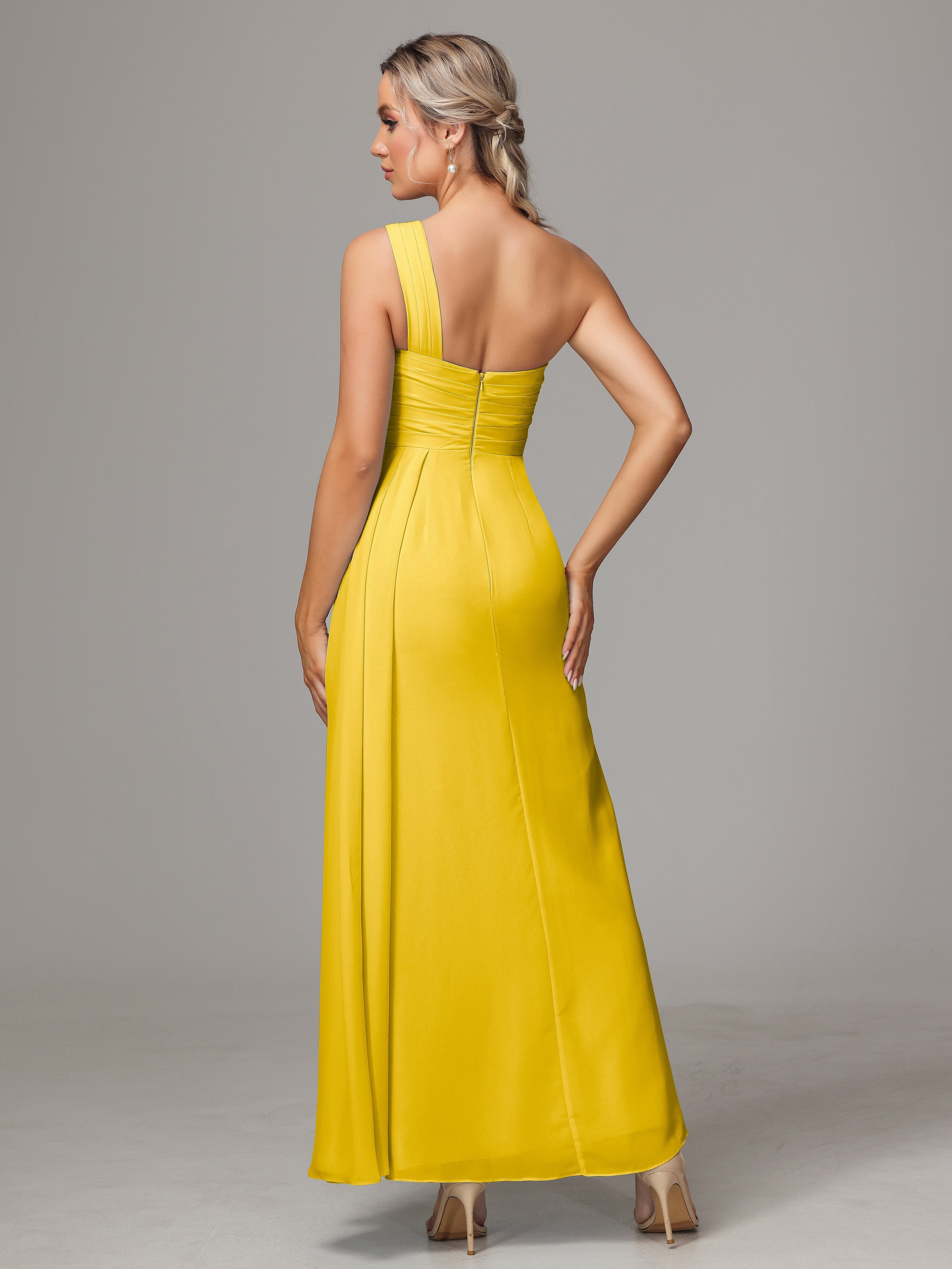 Robe De Demoiselle D'Honneur Souci Décolleté Asymétrique Trapèze Mousseline Longue Robes Demoiselle D'Honneur Avec Plissé