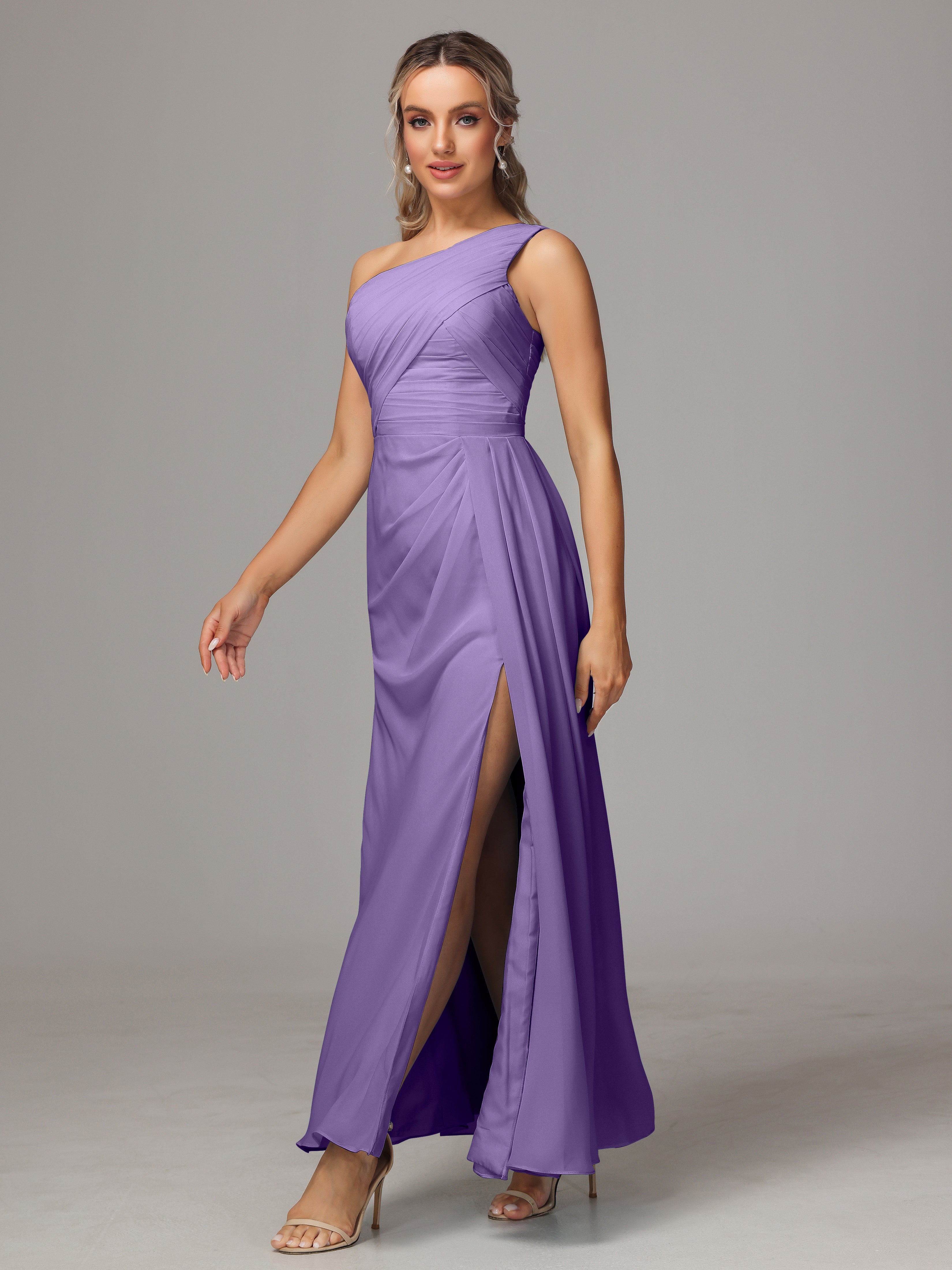 Robes De Demoiselle D'Honneur Tahiti Décolleté Asymétrique Trapèze Mousseline Longue Robes Demoiselle D'Honneur Avec Plissé