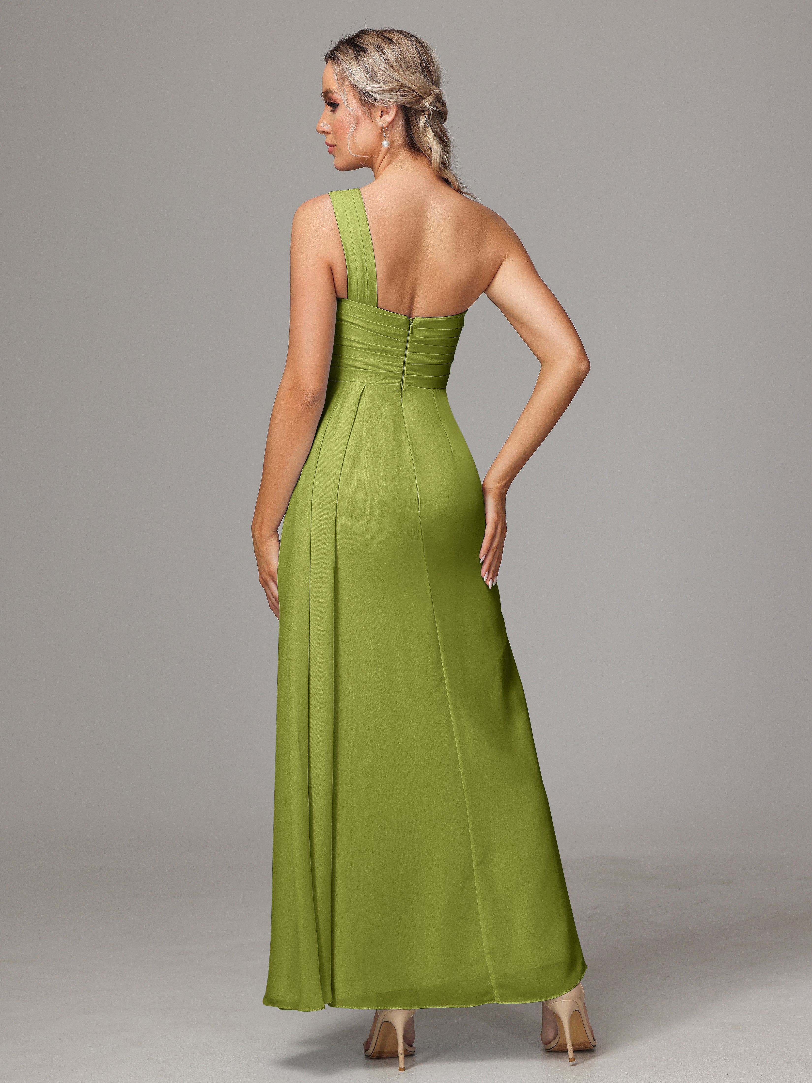 Robes De Demoiselle D'Honneur Trèfle Décolleté Asymétrique Trapèze Mousseline Longue Robes Demoiselle D'Honneur Avec Plissé