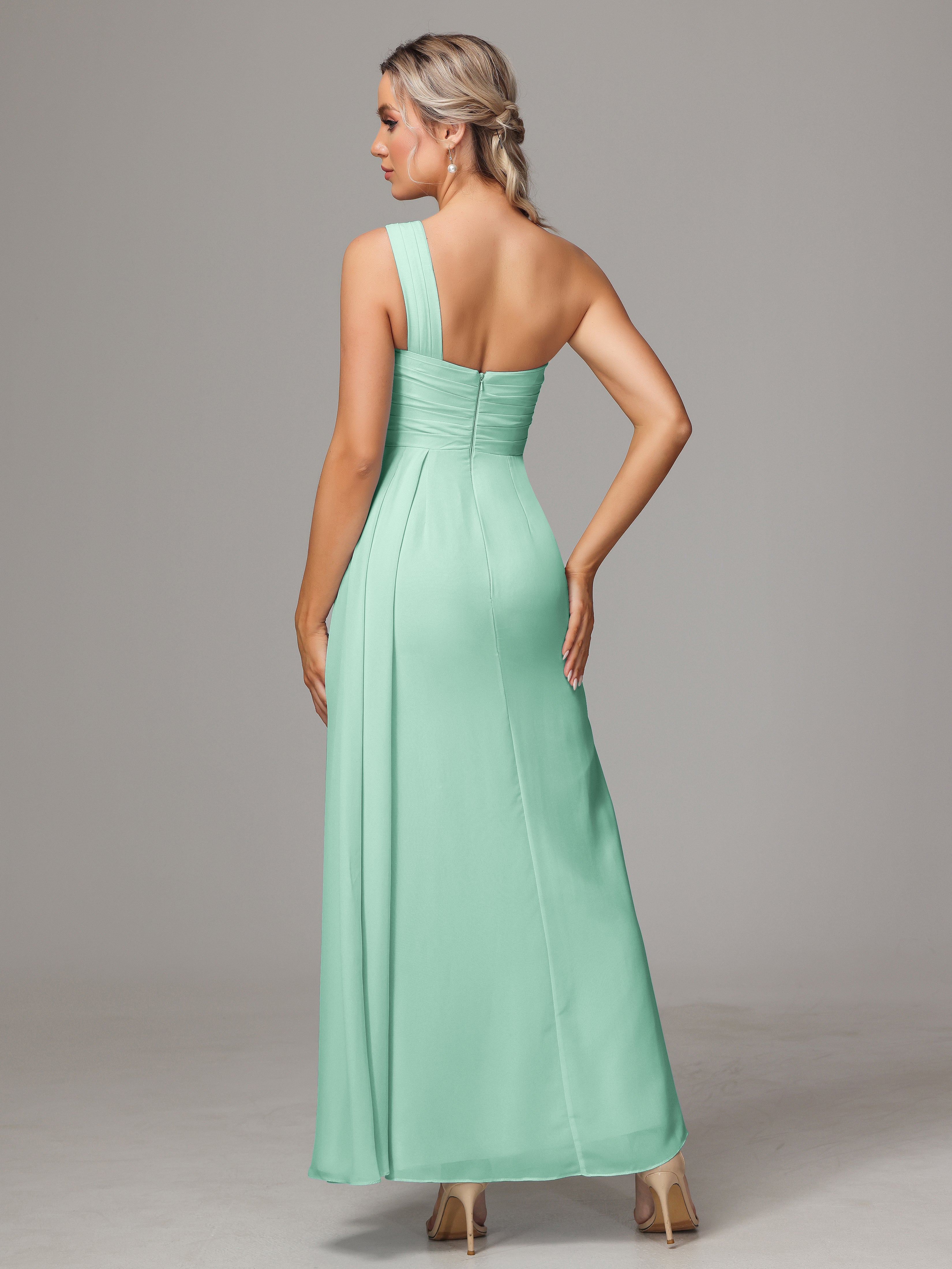 Robe Vert Menthe Demoiselle D Honneur Décolleté Asymétrique Trapèze Mousseline Longue Robes Demoiselle D'Honneur Avec Plissé