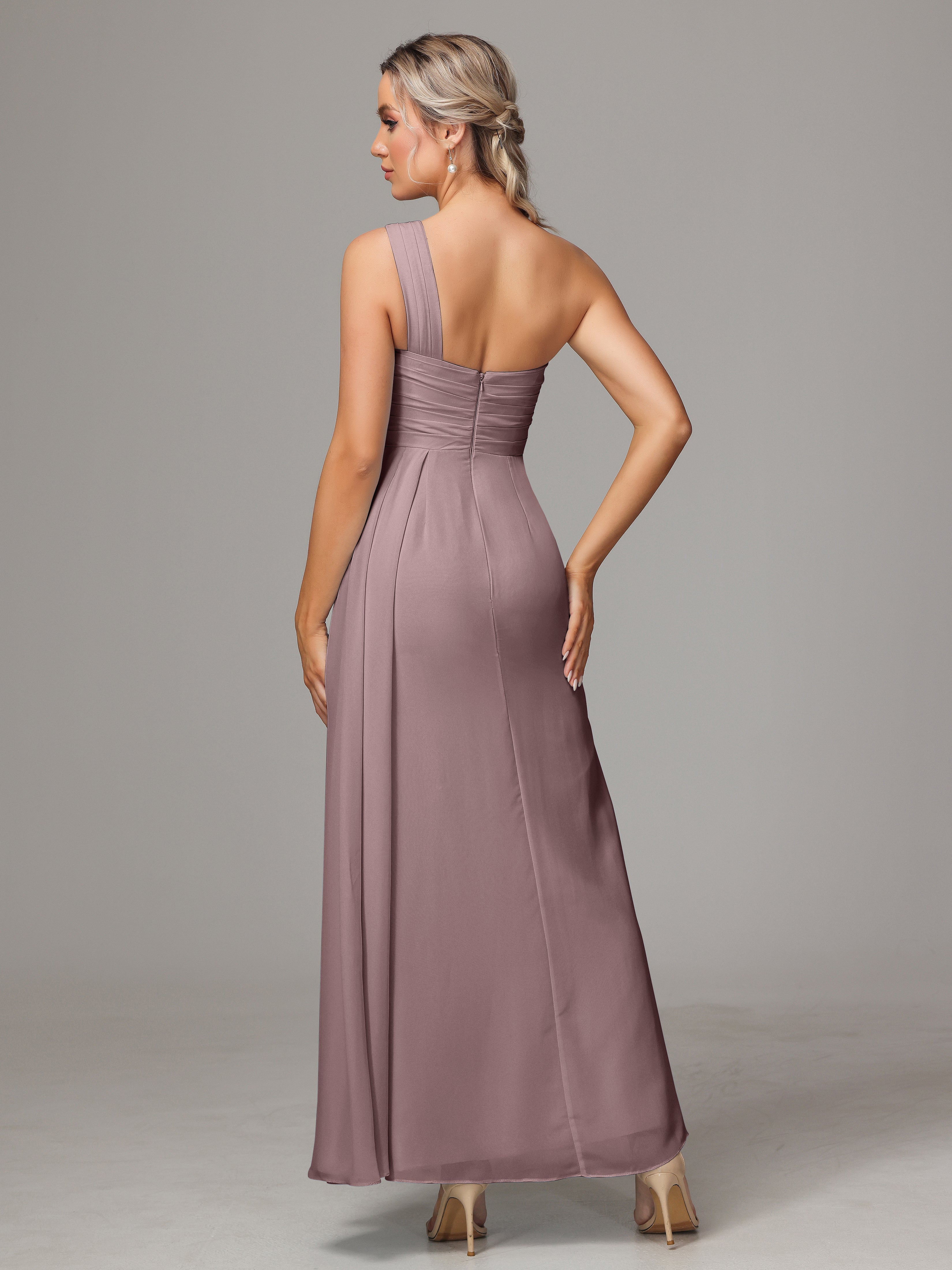 Robes De Demoiselle D'Honneur Vintage Mauve Décolleté Asymétrique Trapèze Mousseline Longue Robes Demoiselle D'Honneur Avec Plissé