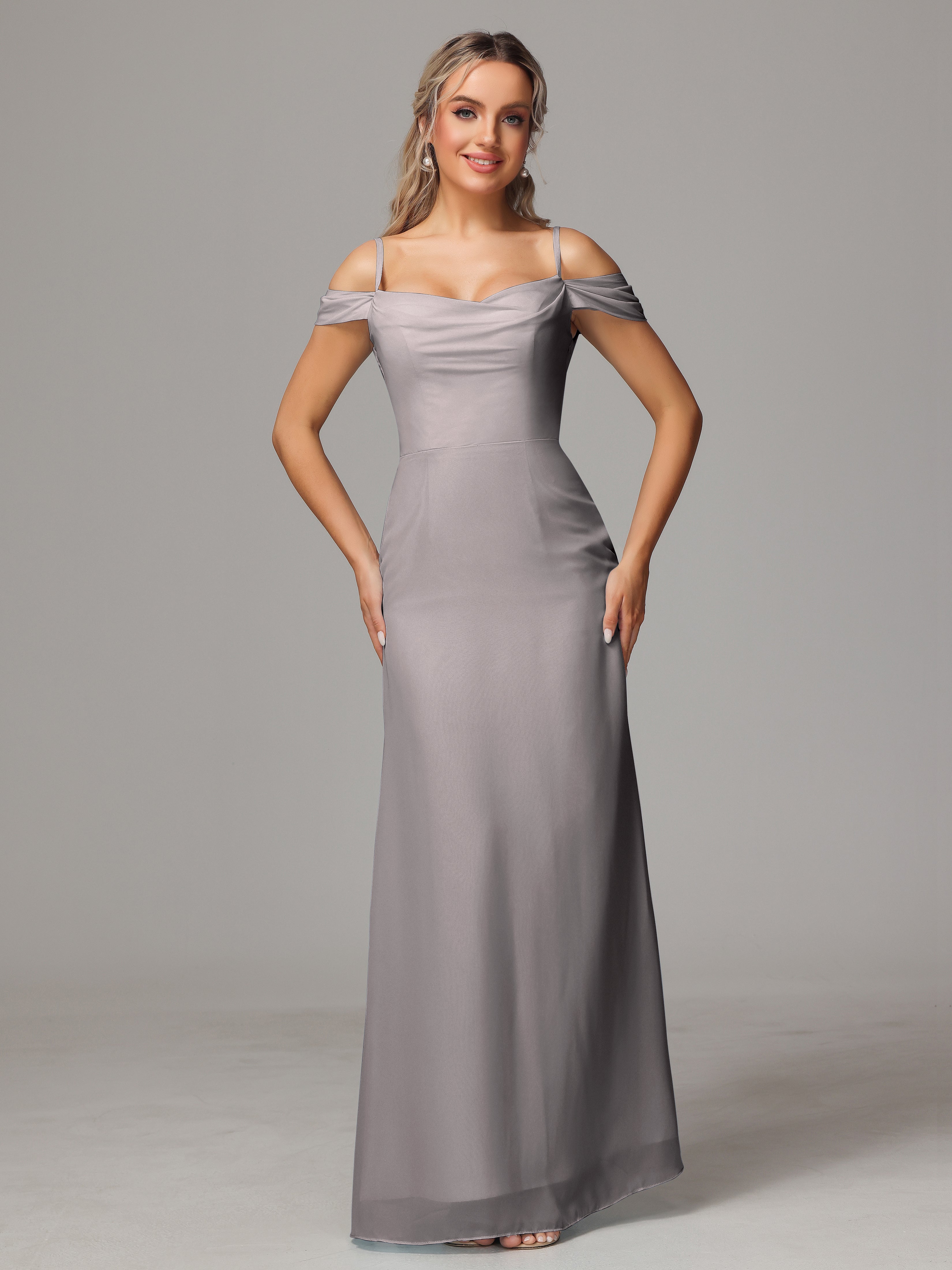 Robe Demoiselle D Honneur Argenté Accueil Froid Trapèze Mousseline Longue Robes Demoiselle D'Honneur