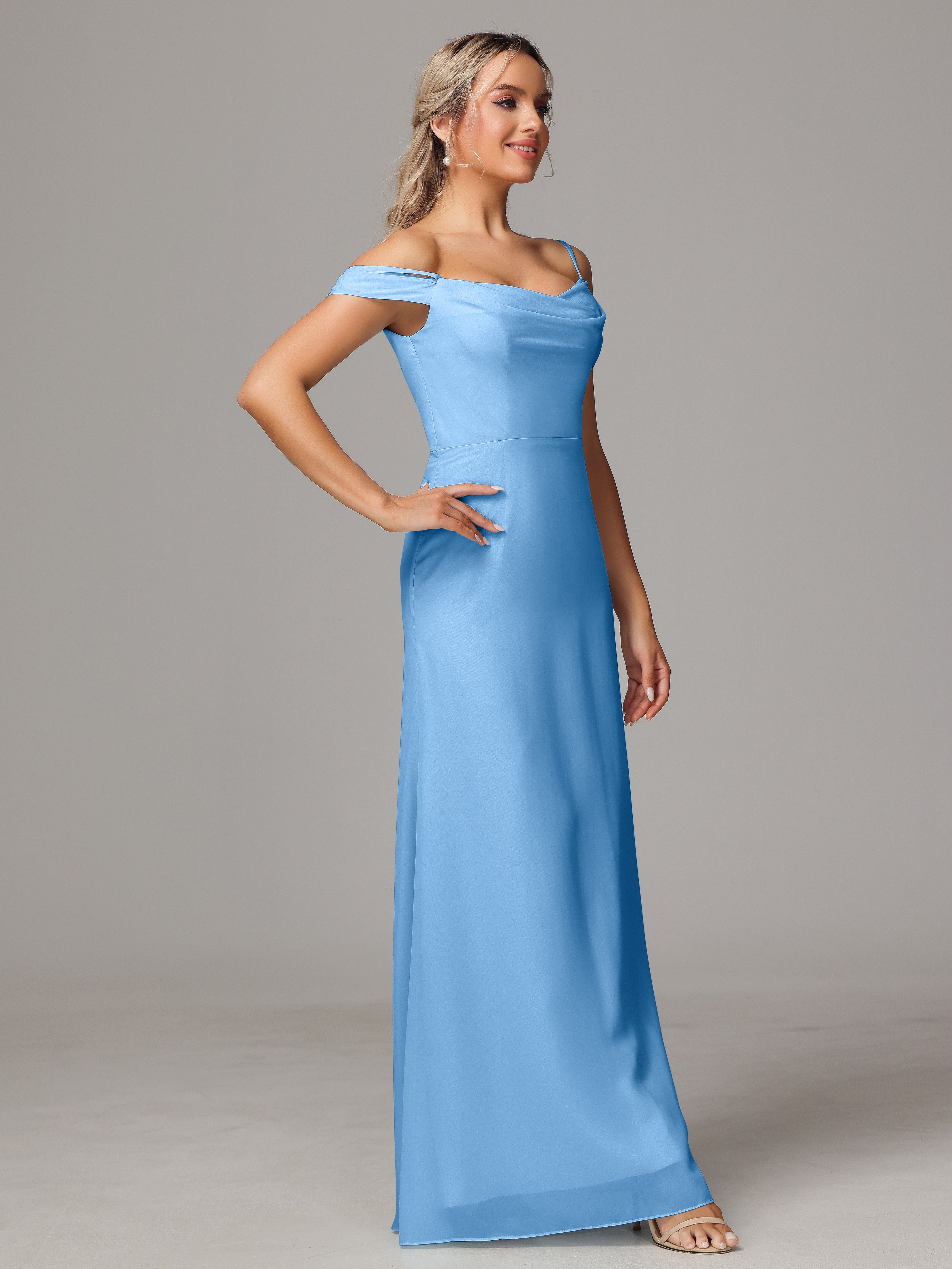 Robes Demoiselle D Honneur Bleu Accueil Froid Trapèze Mousseline Longue Robes Demoiselle D'Honneur