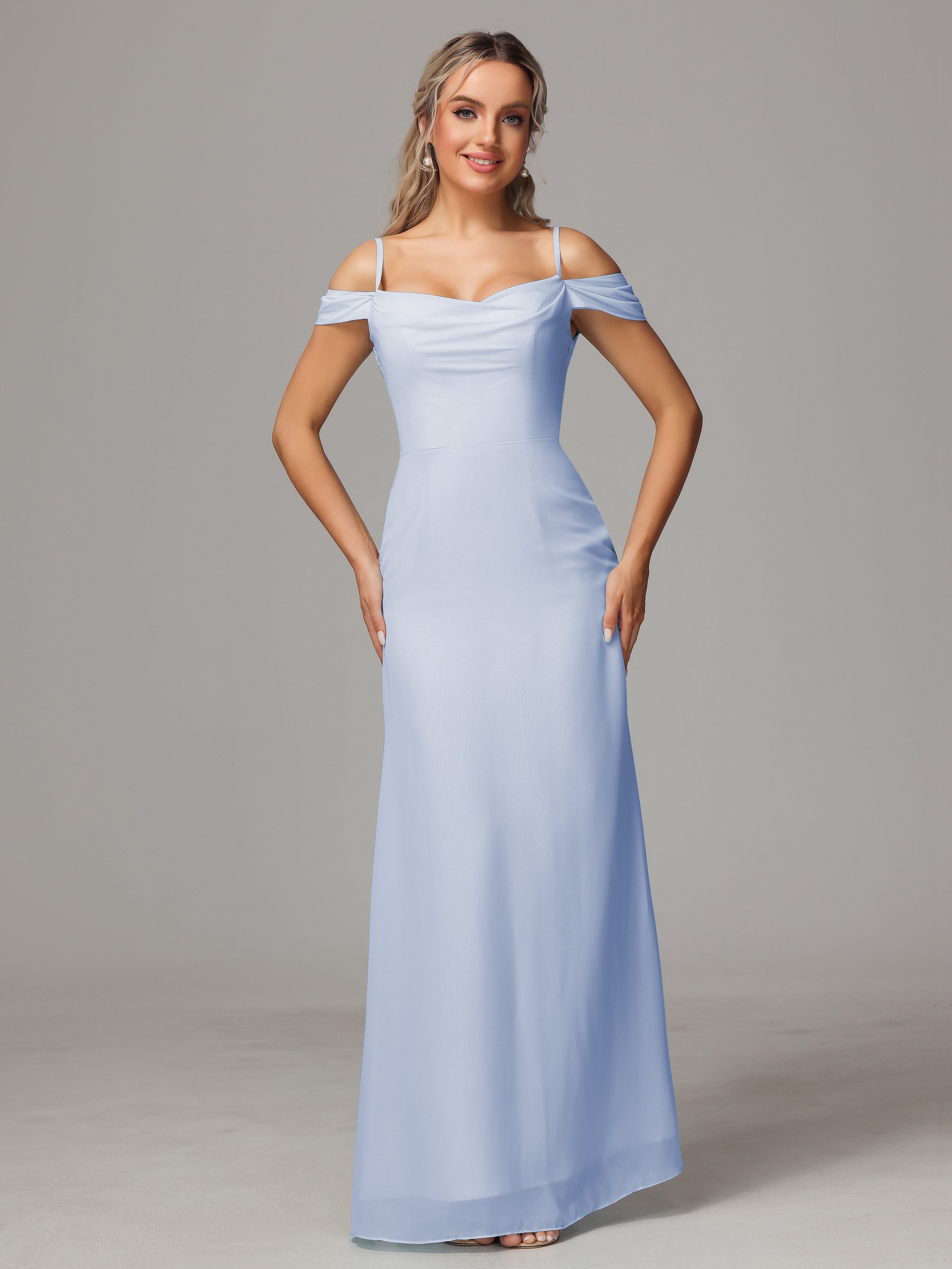 Robes De Demoiselle D'Honneur Bleu Ciel Accueil Froid Trapèze Mousseline Longue Robes Demoiselle D'Honneur