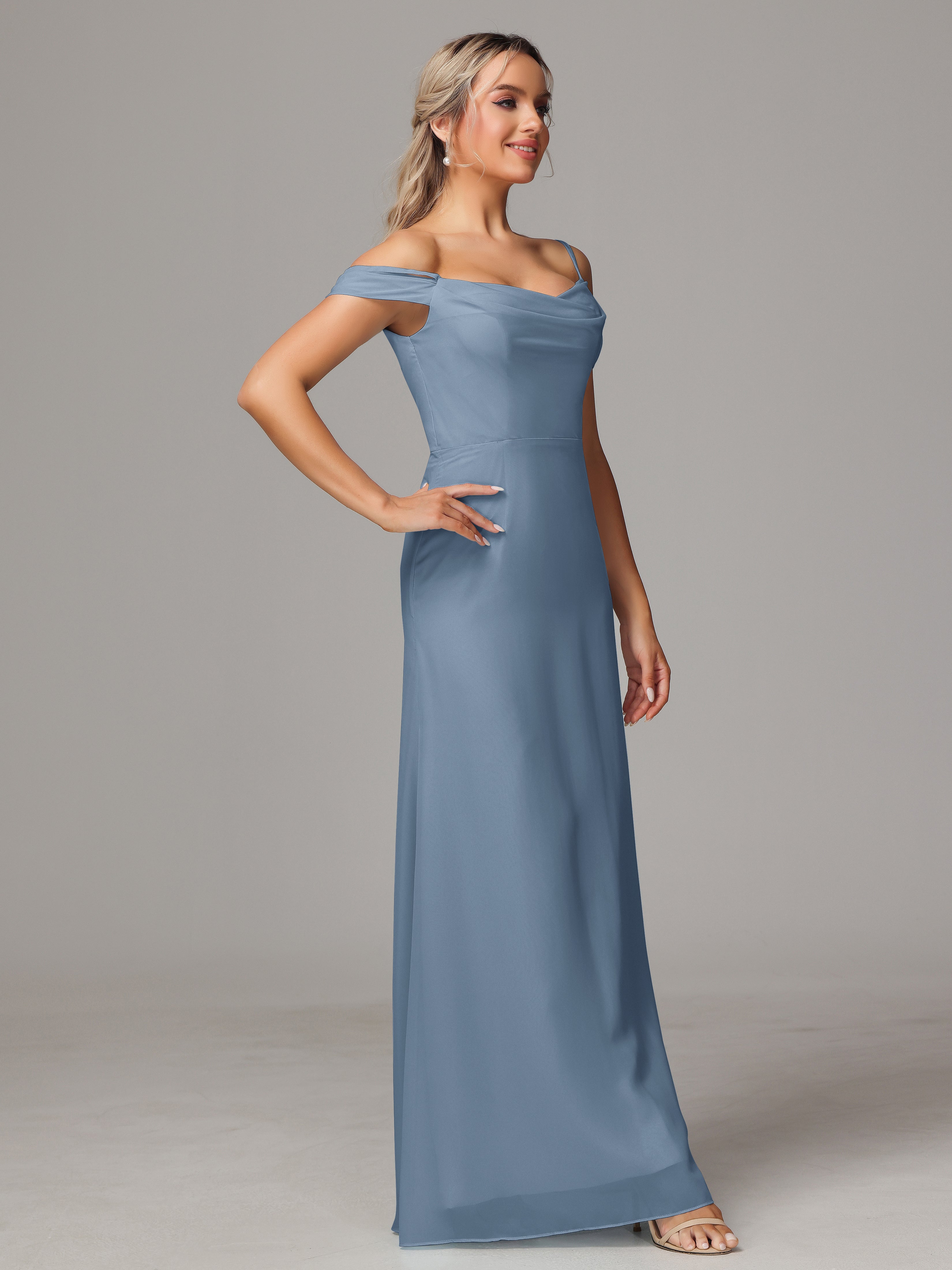 Robes De Demoiselle D'Honneur Bleu De Schiste Accueil Froid Trapèze Mousseline Longue Robes Demoiselle D'Honneur