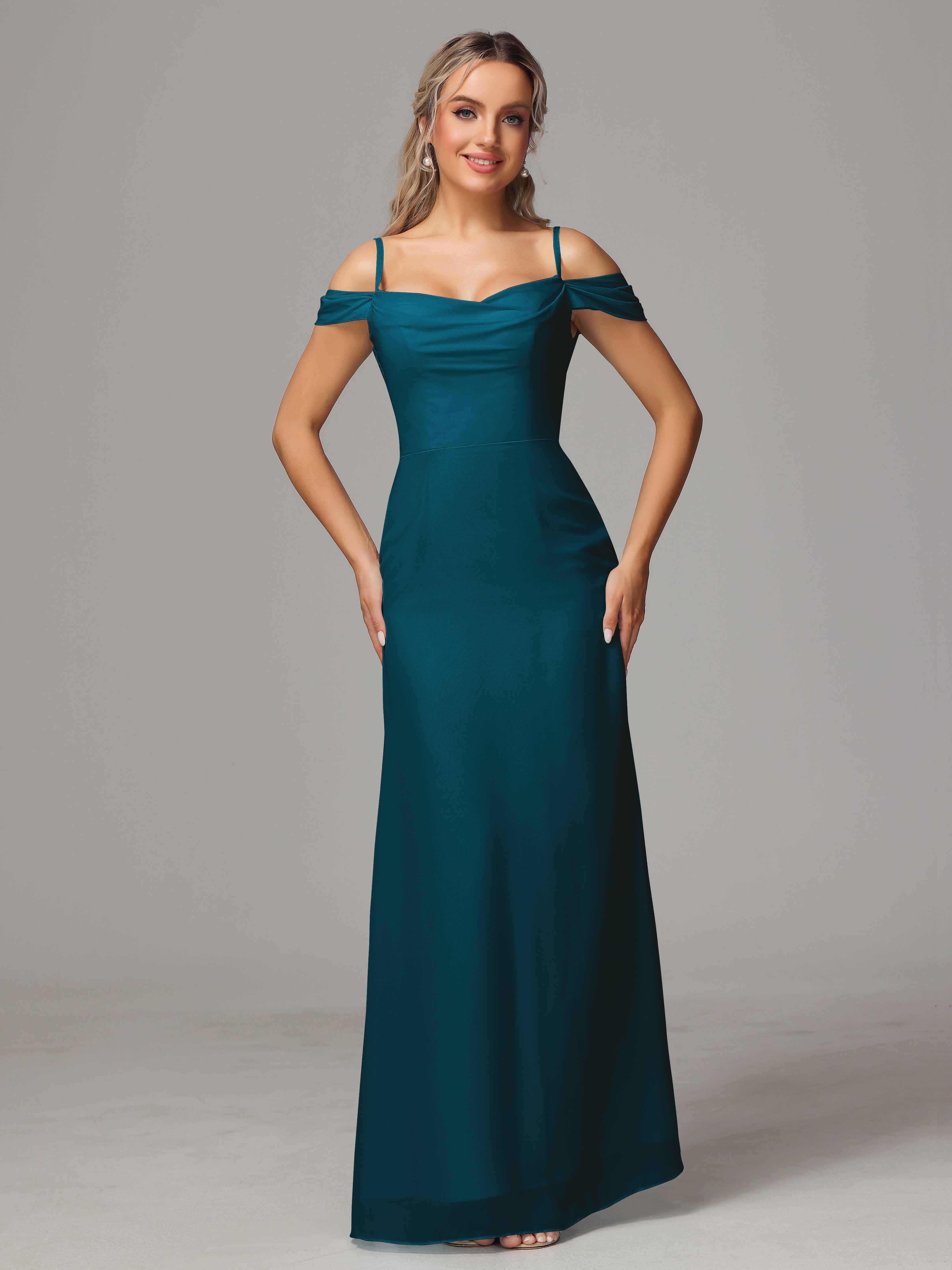 Robes De Demoiselle D'Honneur Bleu Encre Accueil Froid Trapèze Mousseline Longue Robes Demoiselle D'Honneur