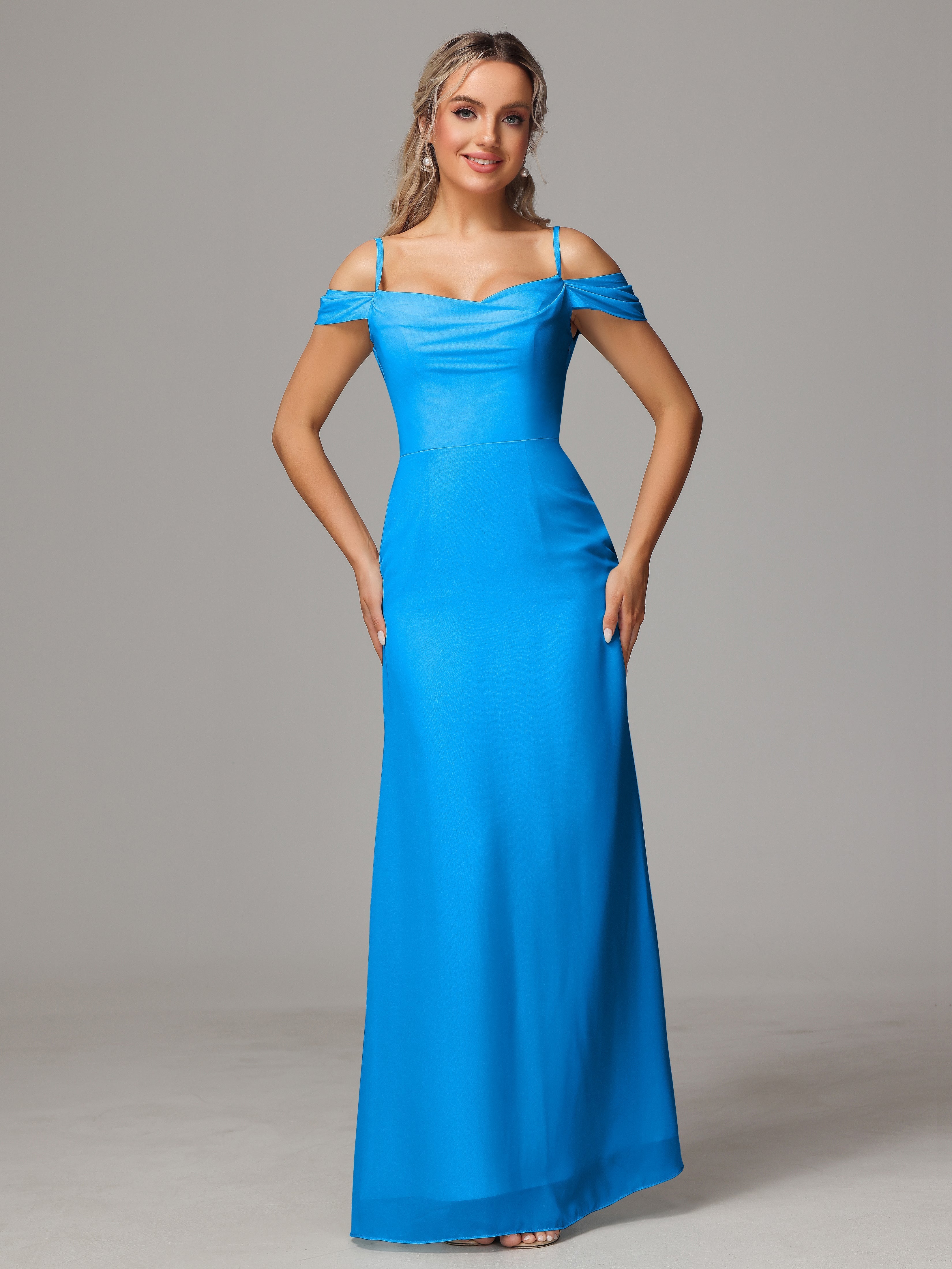 Robes De Demoiselle D'Honneur Bleu Océan Accueil Froid Trapèze Mousseline Longue Robes Demoiselle D'Honneur