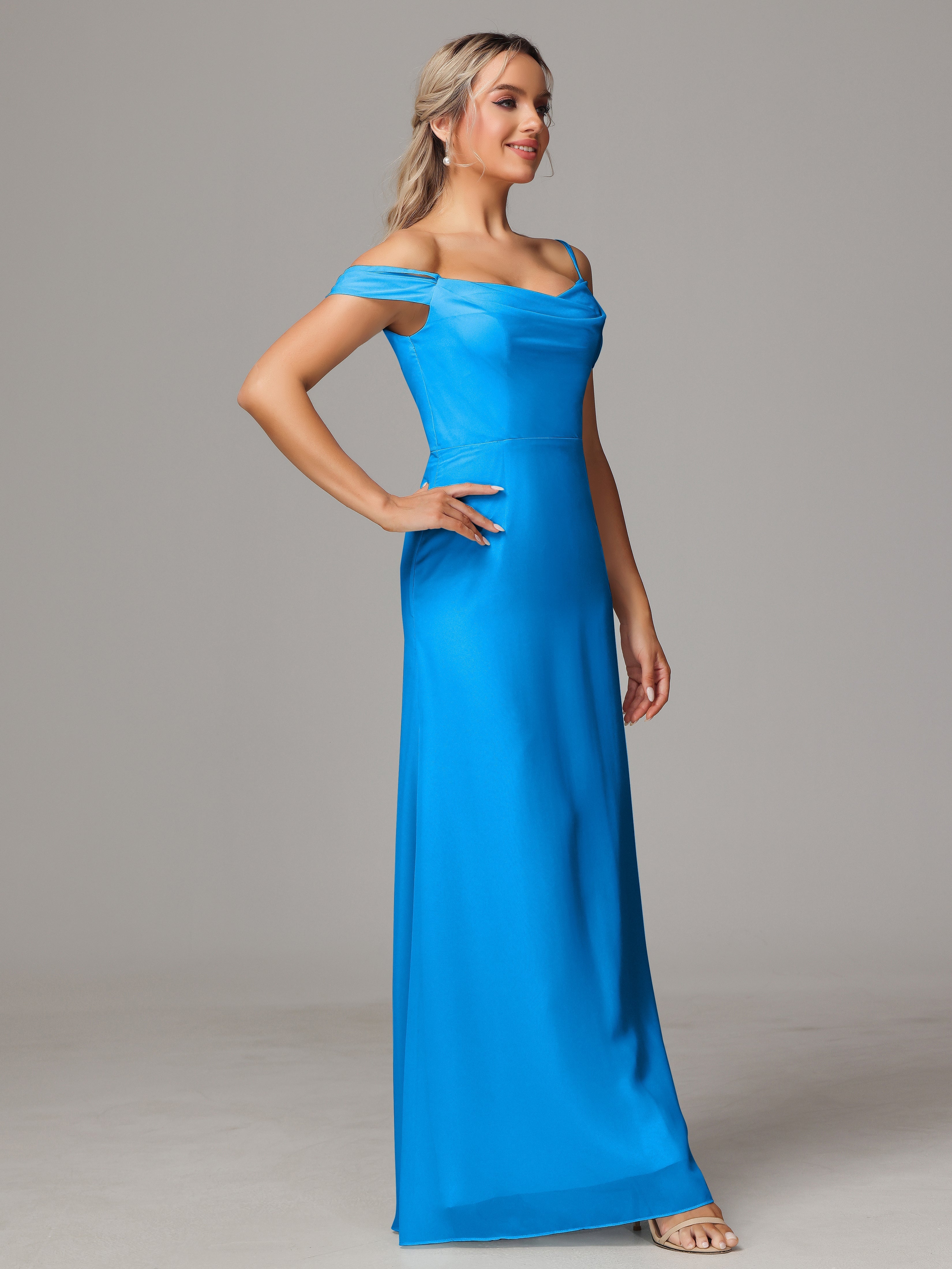 Robes De Demoiselle D'Honneur Bleu Océan Accueil Froid Trapèze Mousseline Longue Robes Demoiselle D'Honneur