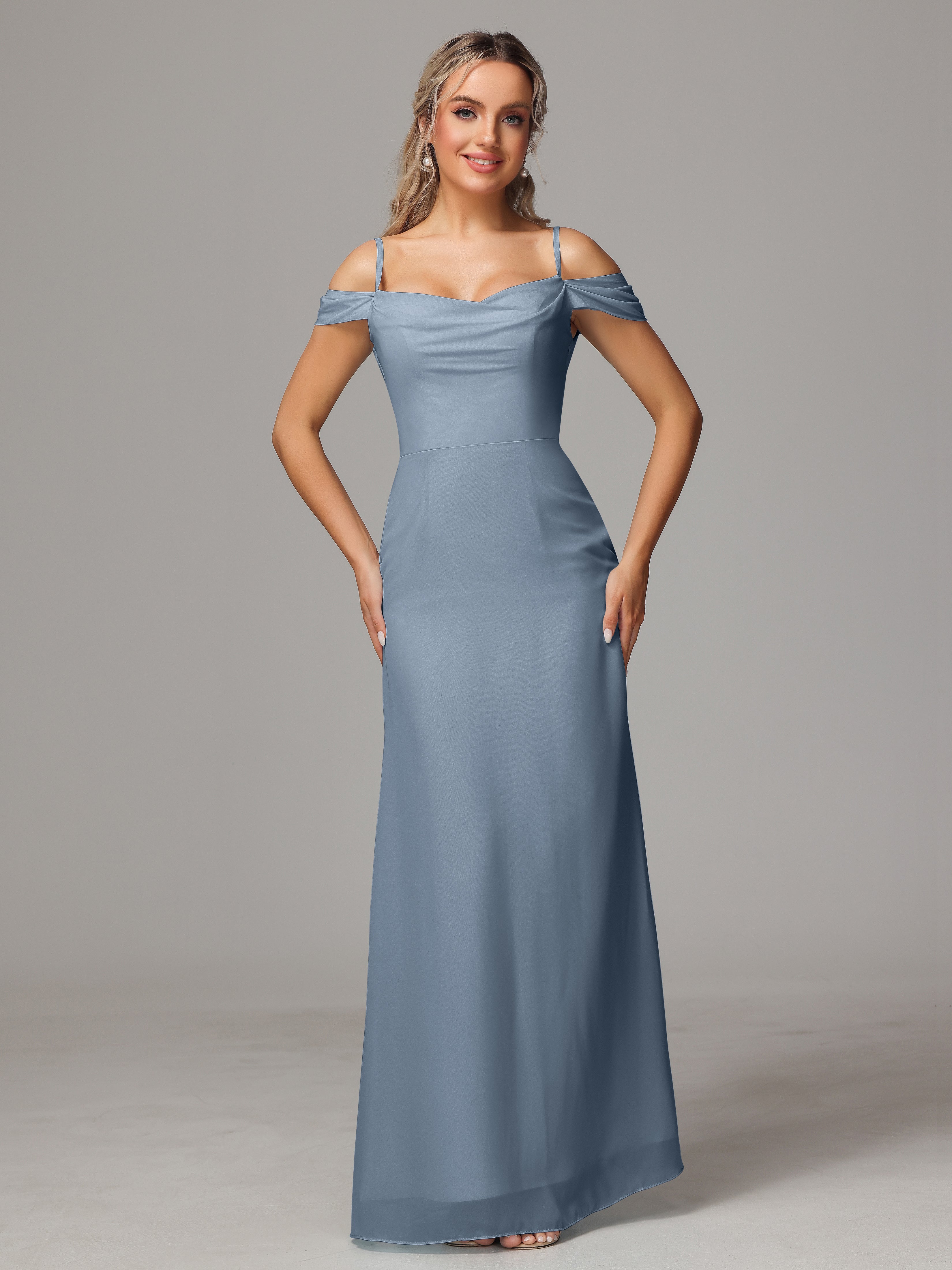 Robes De Demoiselle D'Honneur Bleu Poudre Accueil Froid Trapèze Mousseline Longue Robes Demoiselle D'Honneur