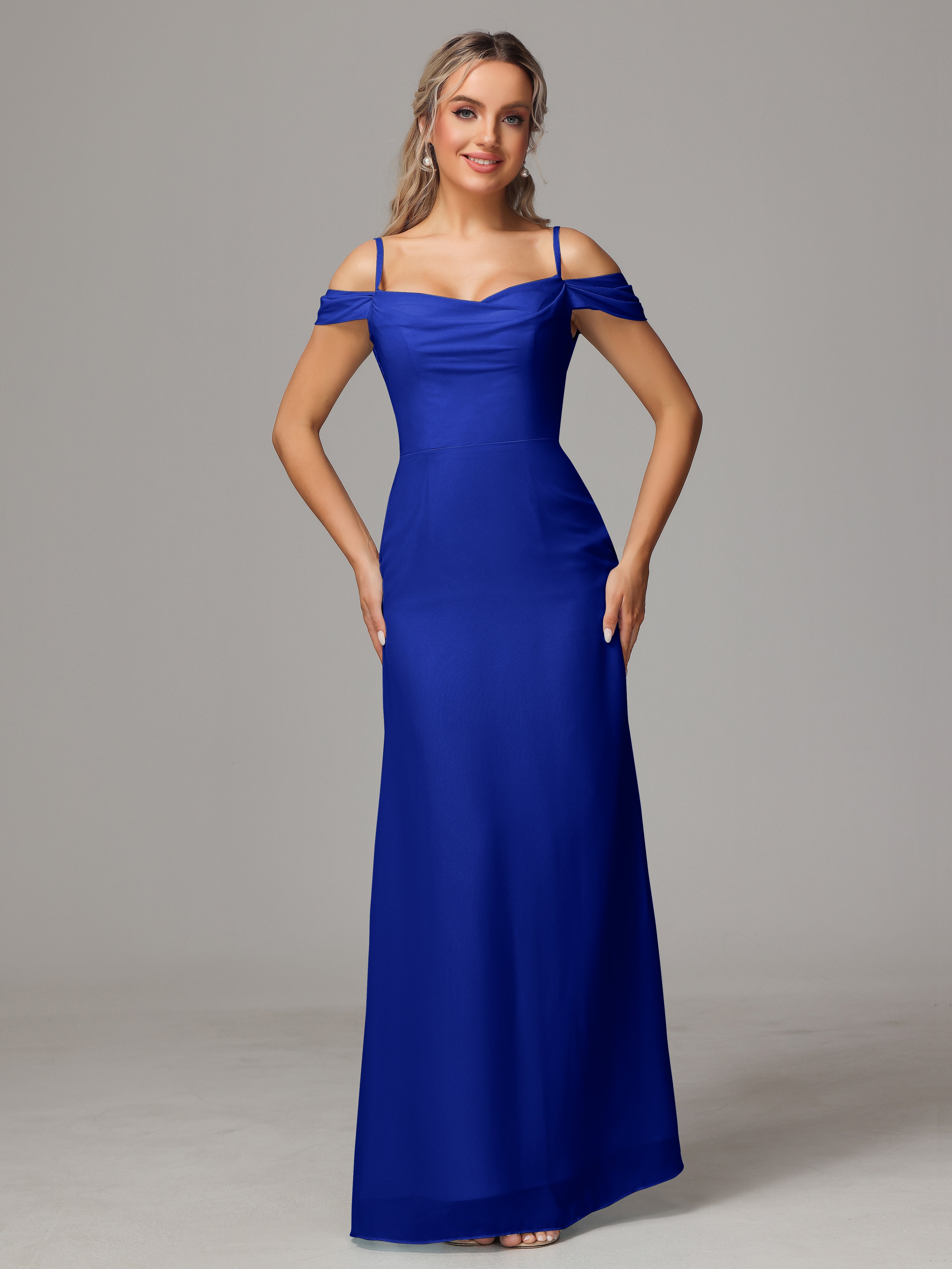 Robe Bleu Roi Demoiselle D Honneur Accueil Froid Trapèze Mousseline Longue Robes Demoiselle D'Honneur