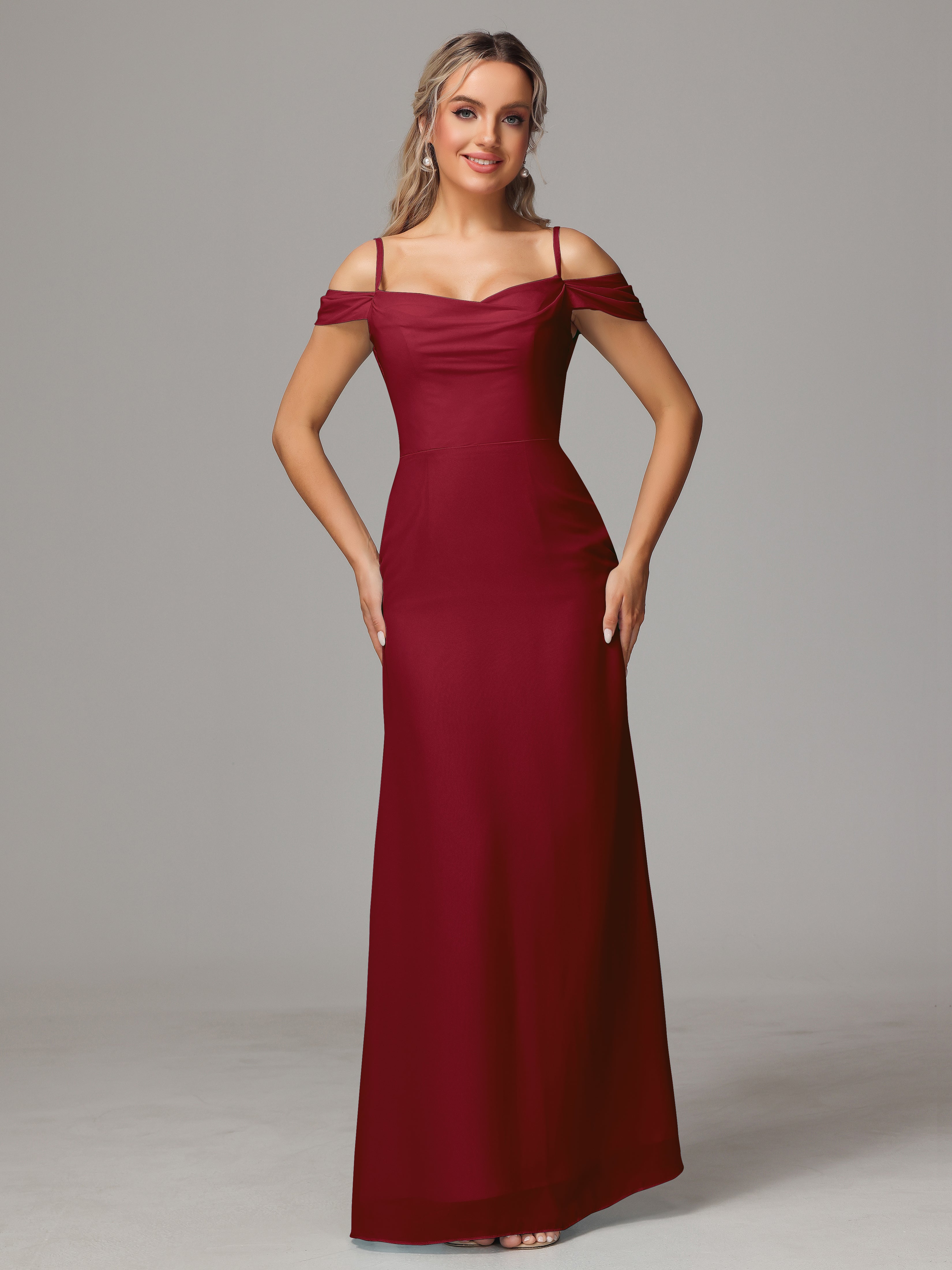 Robe Bordeaux Demoiselle D Honneur Accueil Froid Trapèze Mousseline Longue Robes Demoiselle D'Honneur