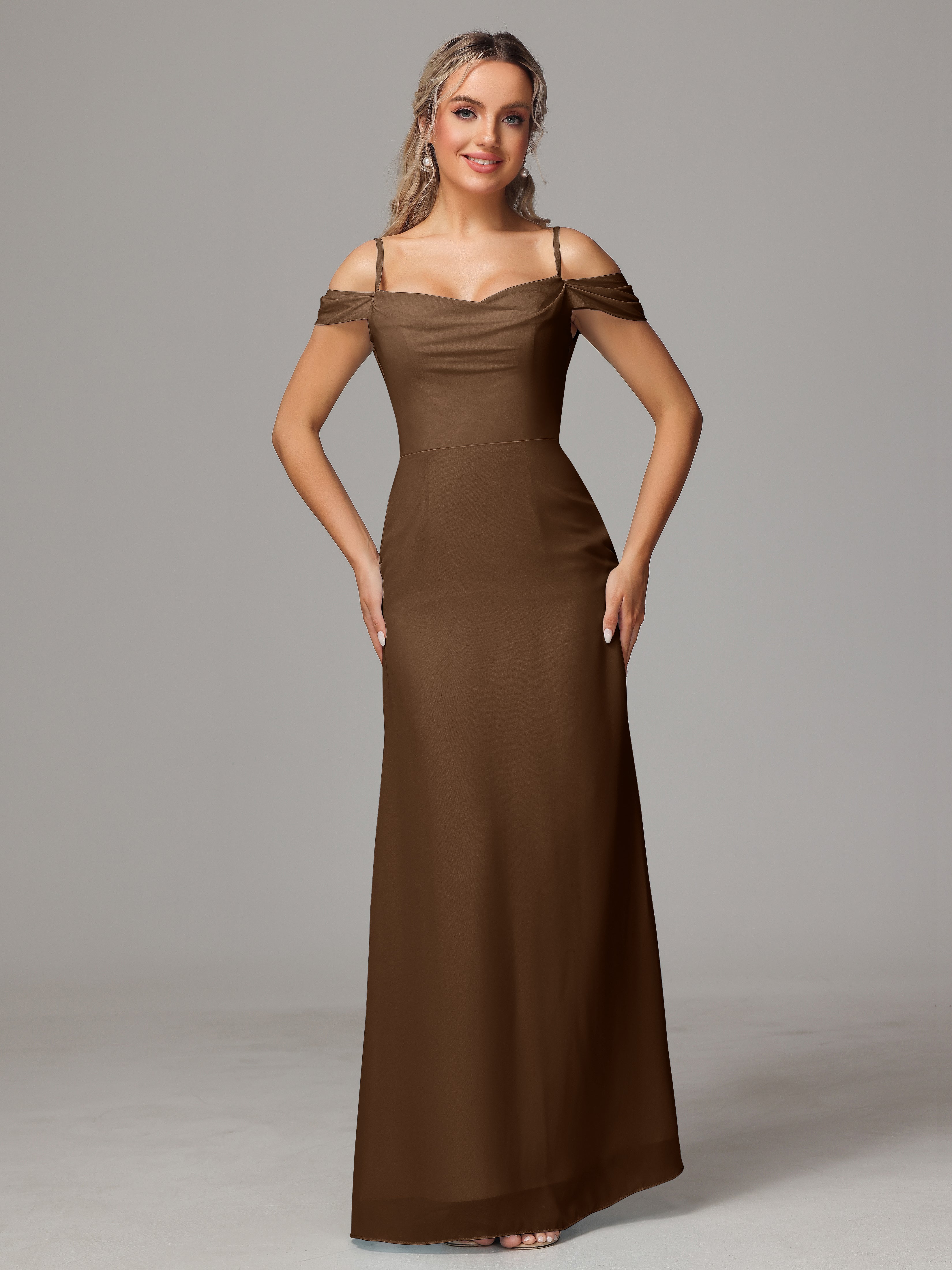 Robe Demoiselle D Honneur Brun Accueil Froid Trapèze Mousseline Longue Robes Demoiselle D'Honneur