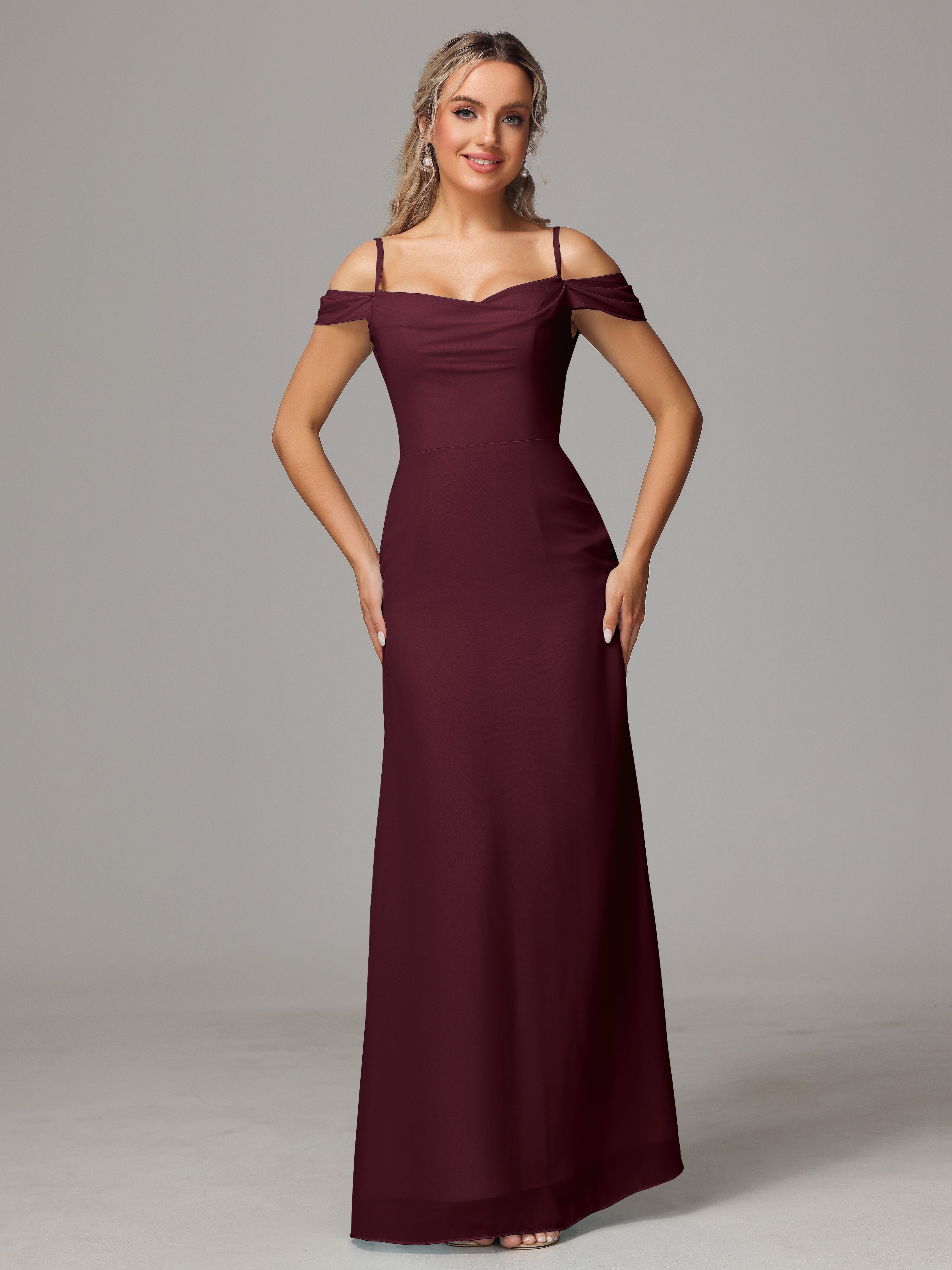 Robes De Demoiselle D'Honneur Cabernet Accueil Froid Trapèze Mousseline Longue Robes Demoiselle D'Honneur