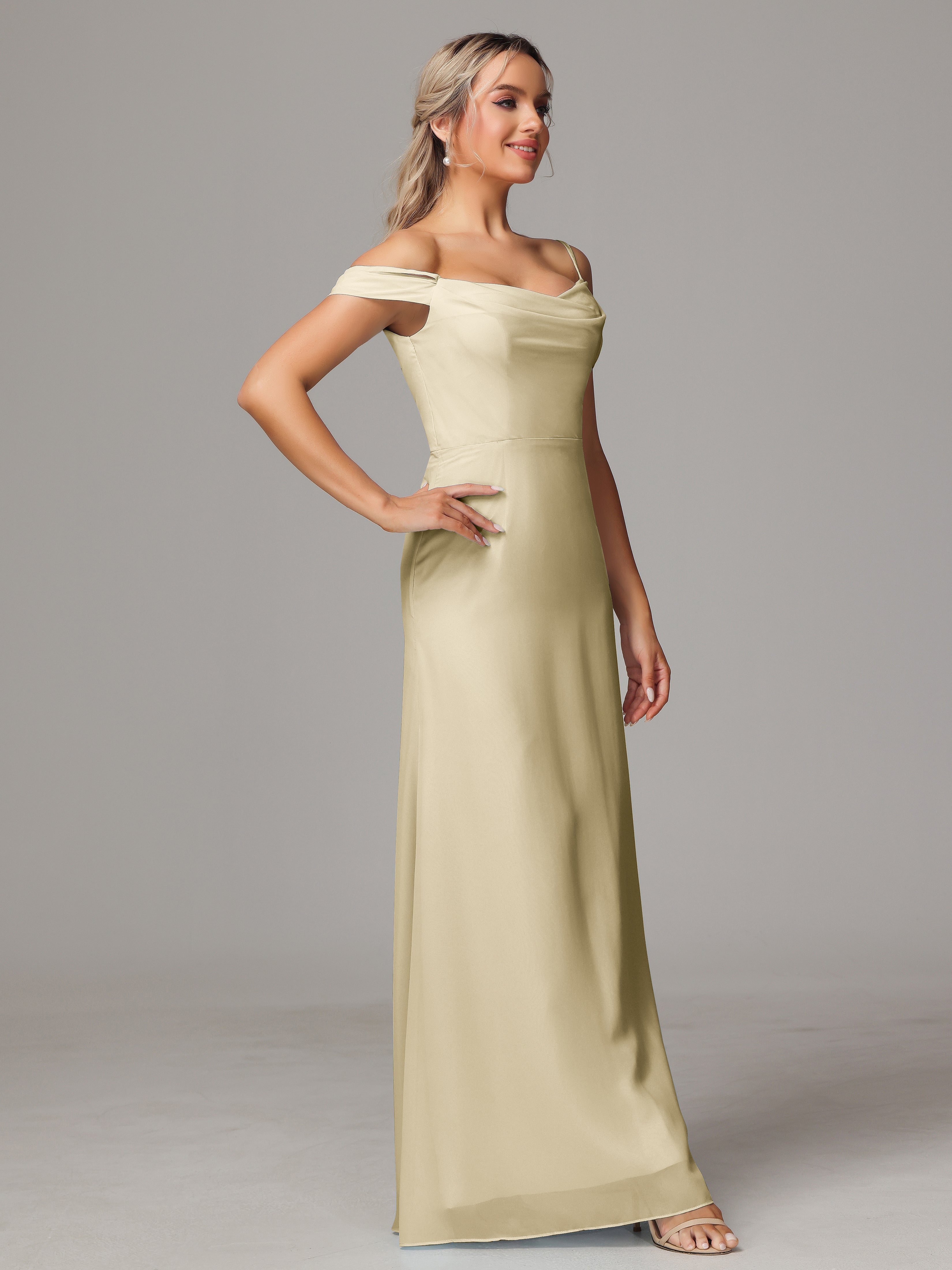 Robe De Demoiselle D Honneur Champagne Accueil Froid Trapèze Mousseline Longue Robes Demoiselle D'Honneur