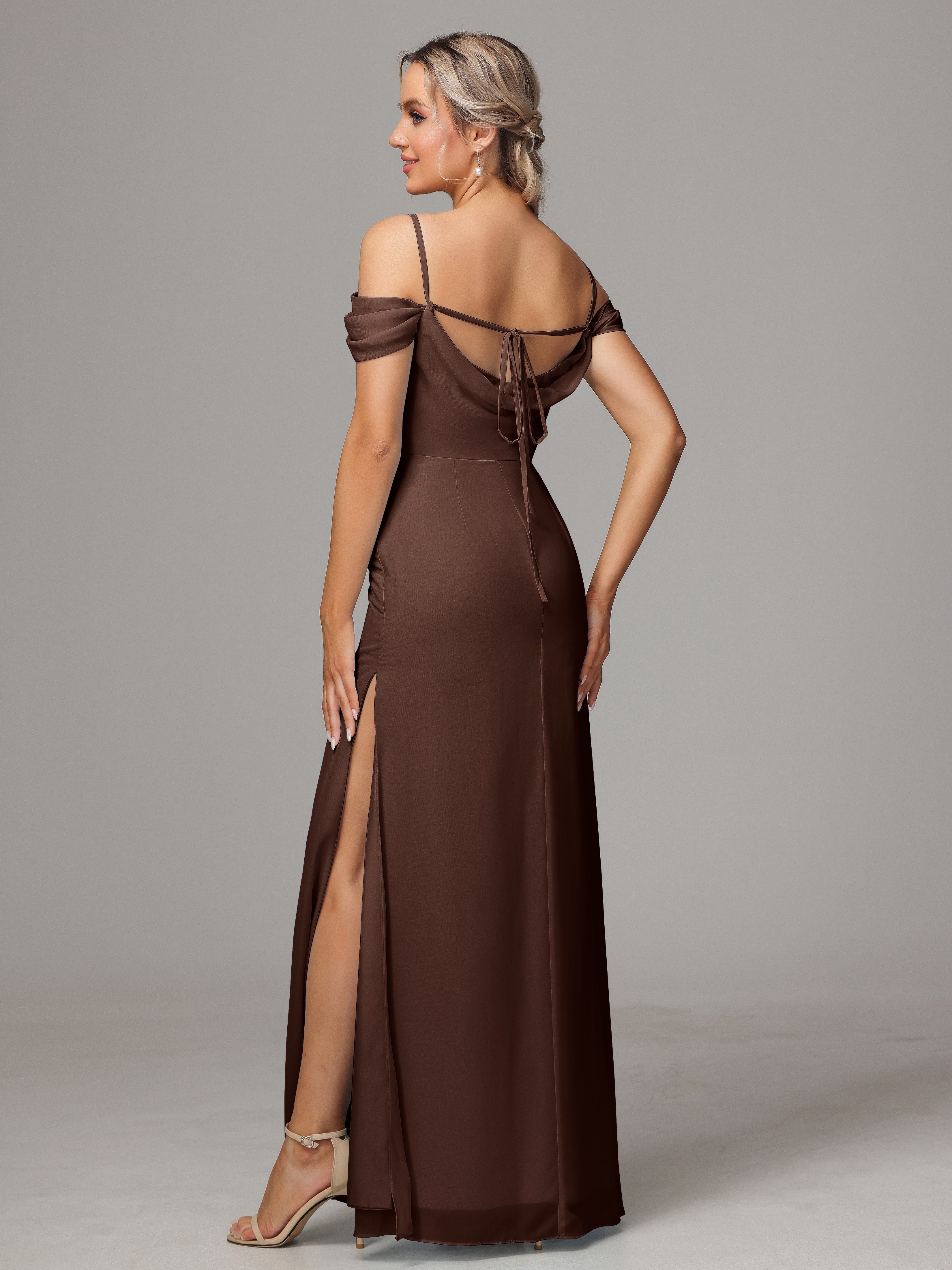 Robe Demoiselle D Honneur Chocolat Accueil Froid Trapèze Mousseline Longue Robes Demoiselle D'Honneur