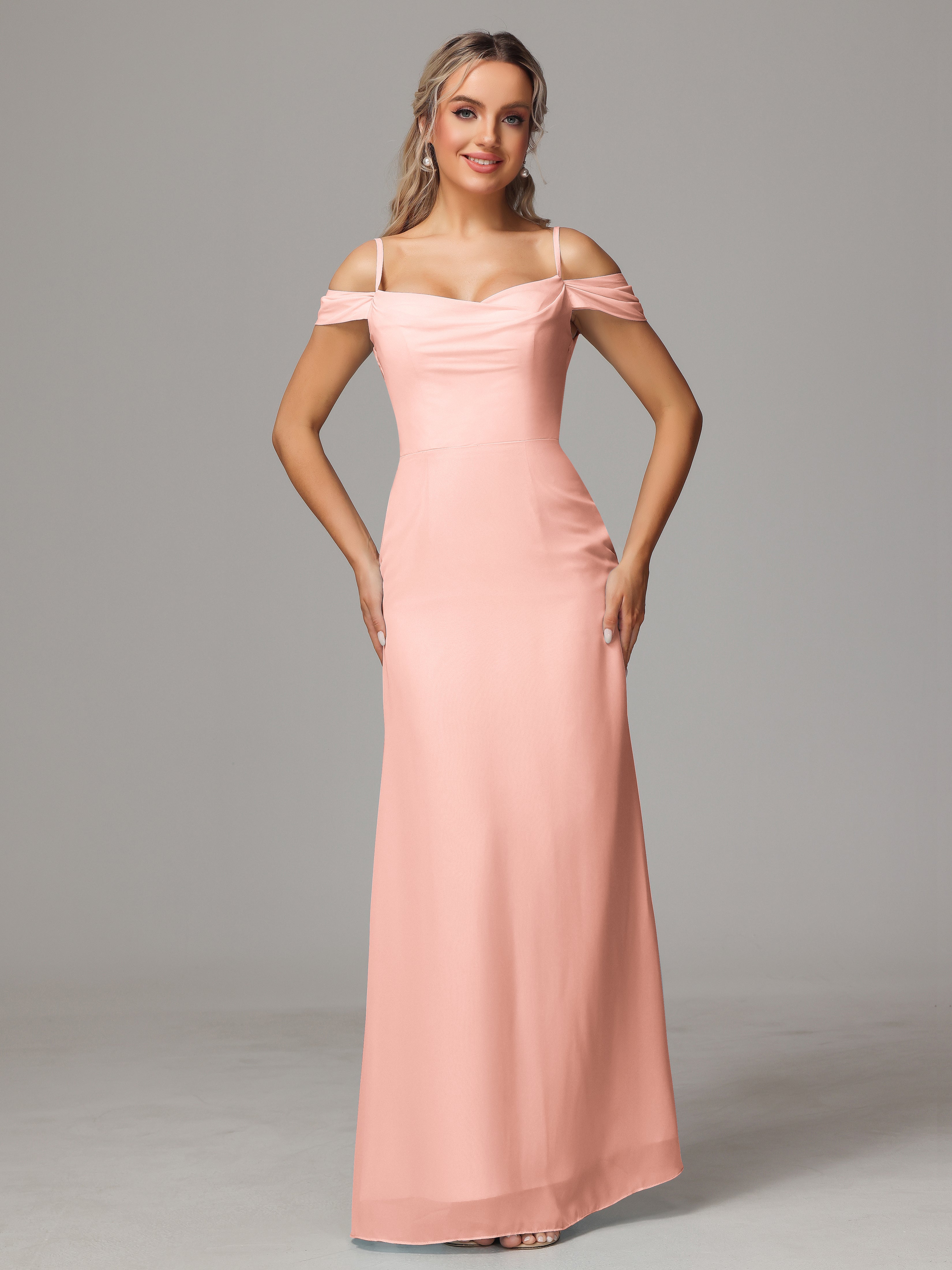 Robe Demoiselle Dhonneur Corail Accueil Froid Trapèze Mousseline Longue Robes Demoiselle D'Honneur