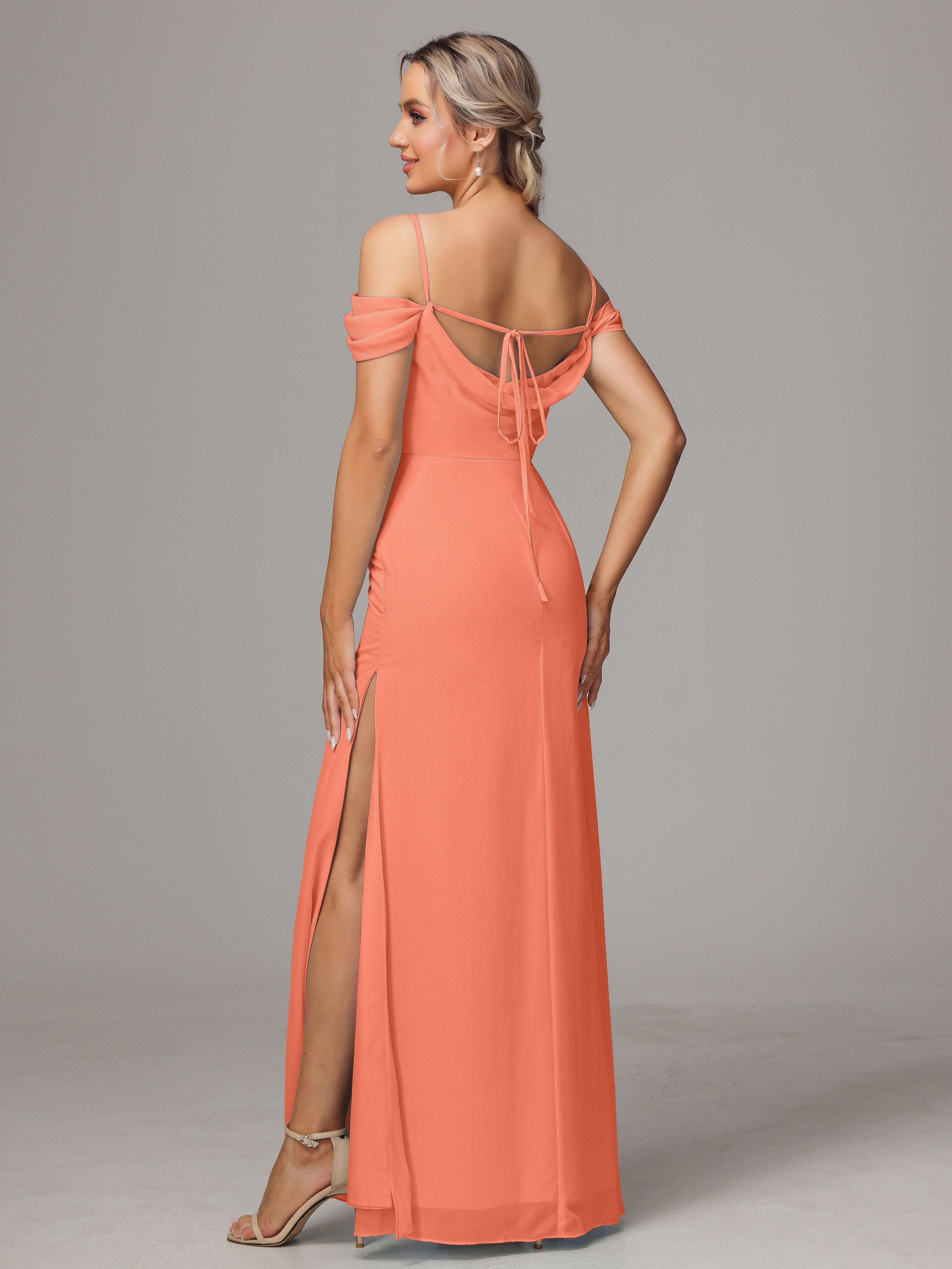 Robes De Demoiselle D'Honneur Coucher De Soleil Accueil Froid Trapèze Mousseline Longue Robes Demoiselle D'Honneur