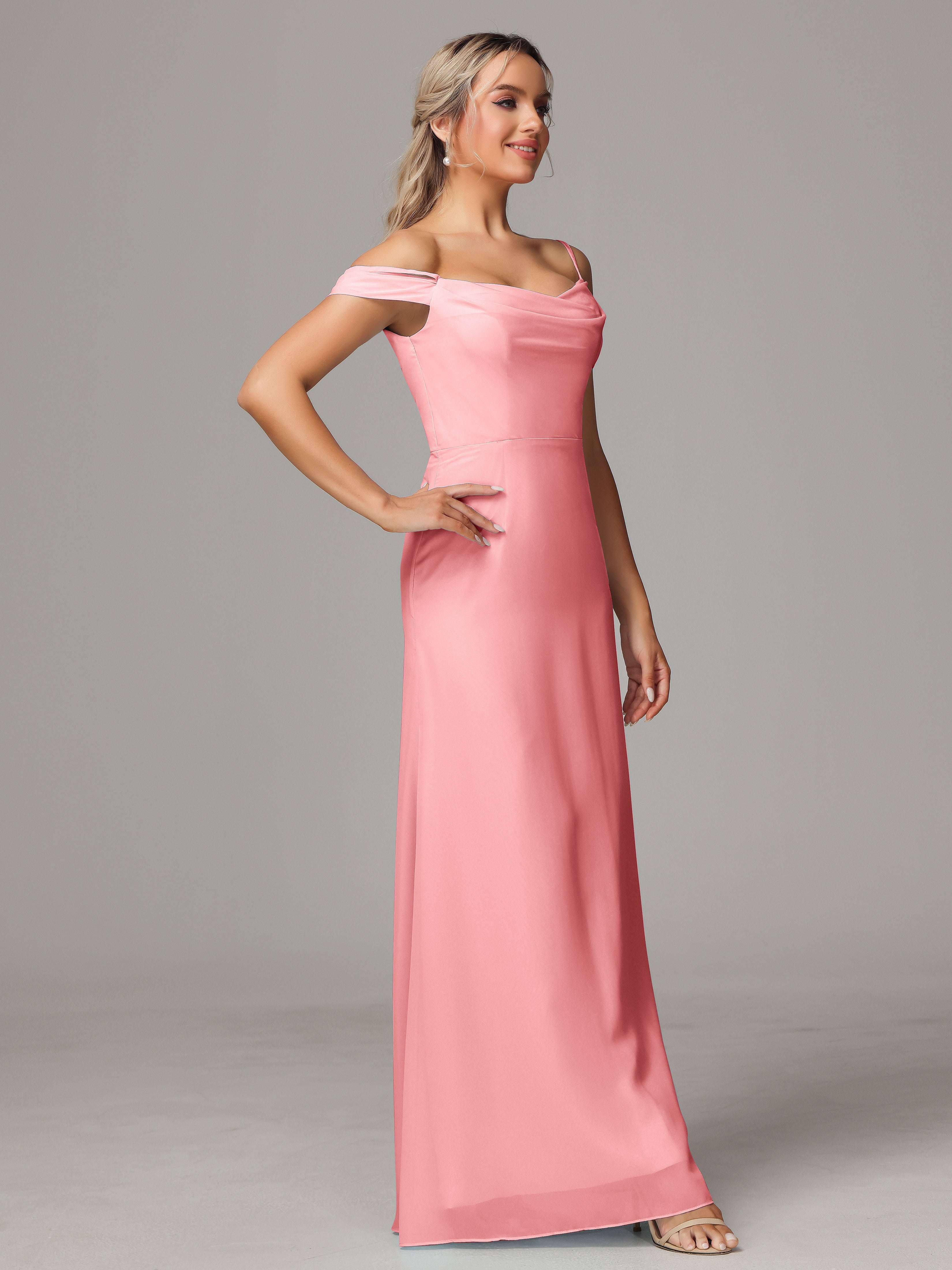 Robes De Demoiselle D'Honneur En Flamant Accueil Froid Trapèze Mousseline Longue Robes Demoiselle D'Honneur