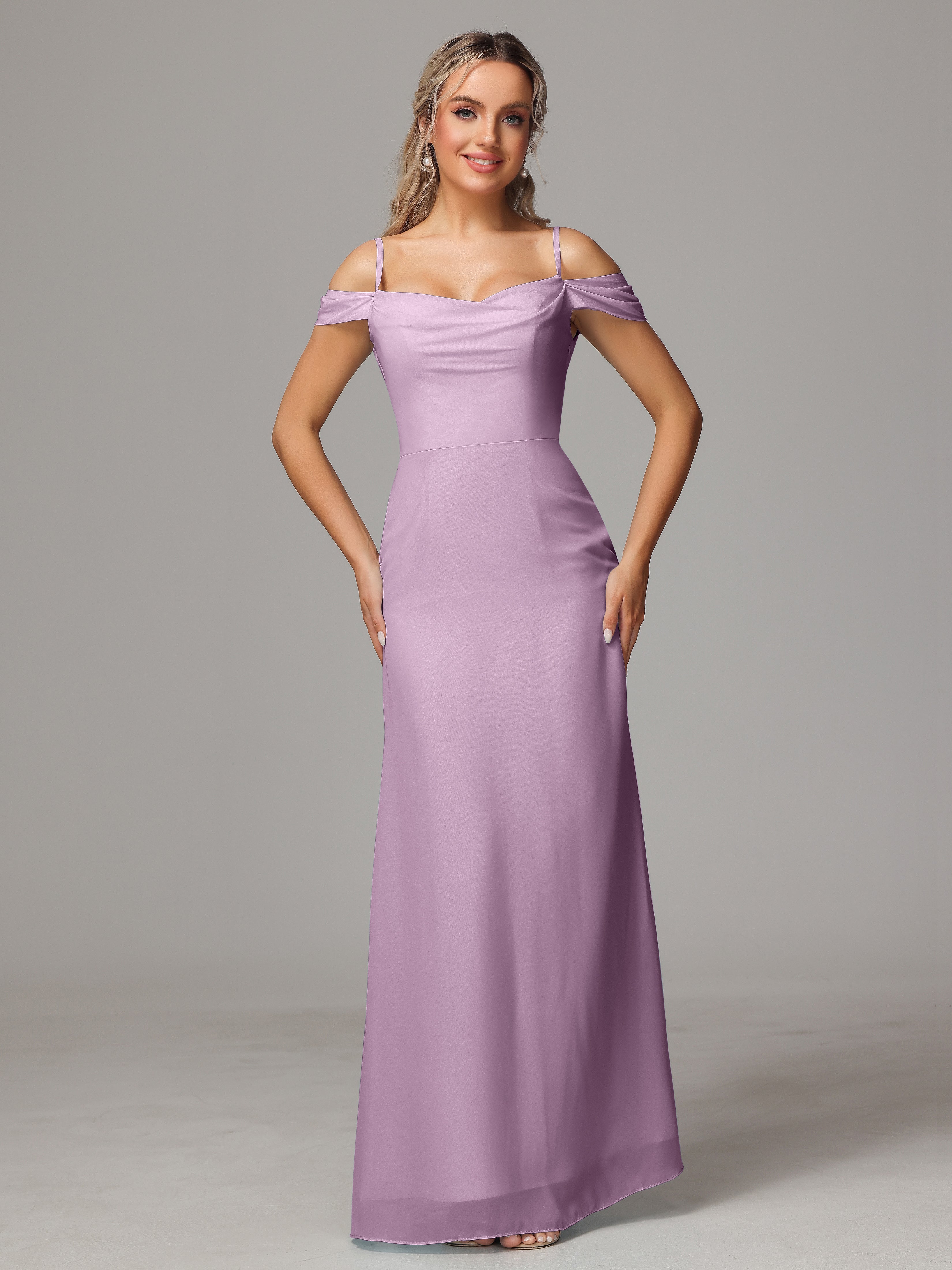 Robes De Demoiselle D'Honneur Glycine Accueil Froid Trapèze Mousseline Longue Robes Demoiselle D'Honneur