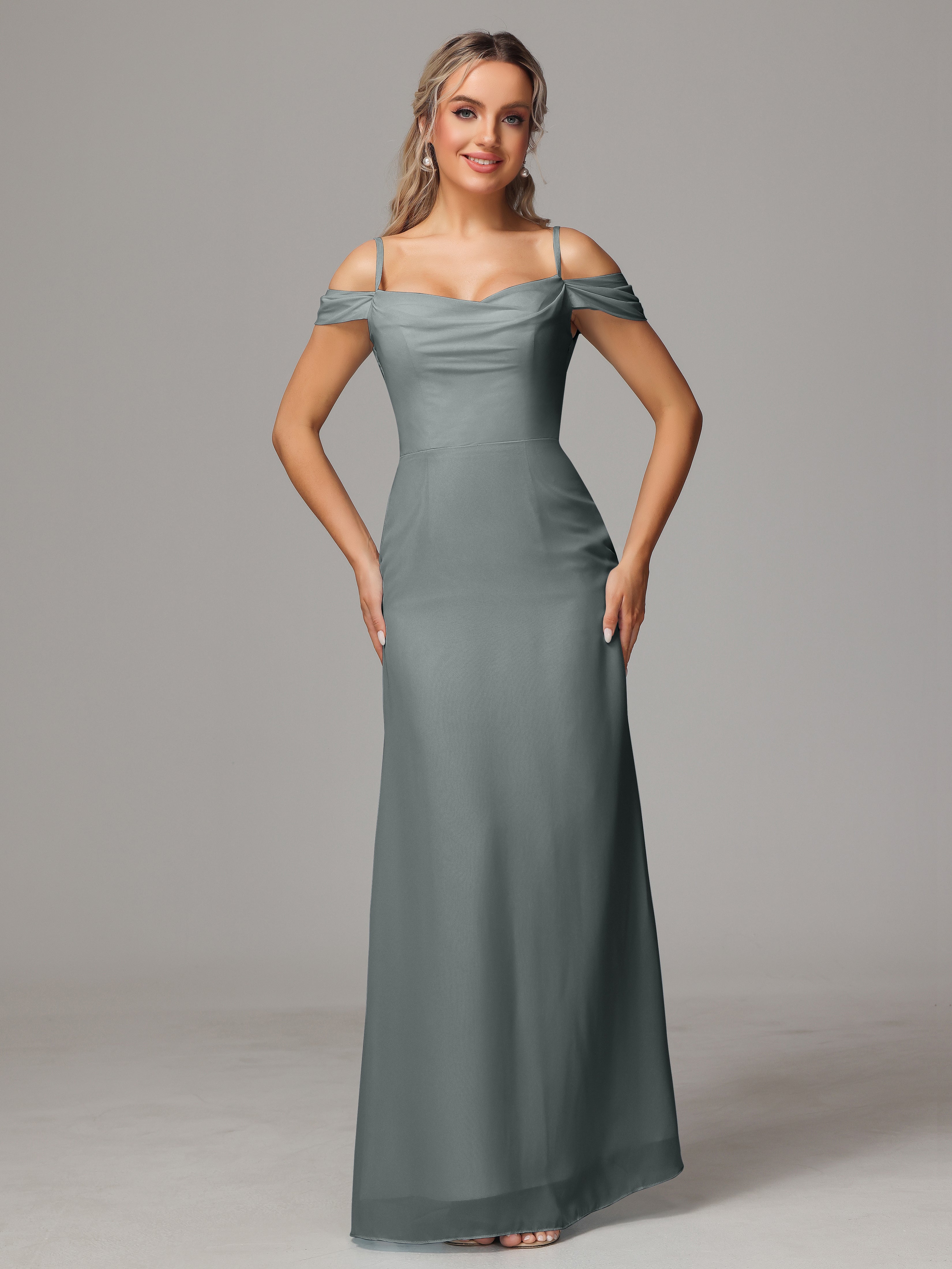 Demoiselle D Honneur Gris Accueil Froid Trapèze Mousseline Longue Robes Demoiselle D'Honneur