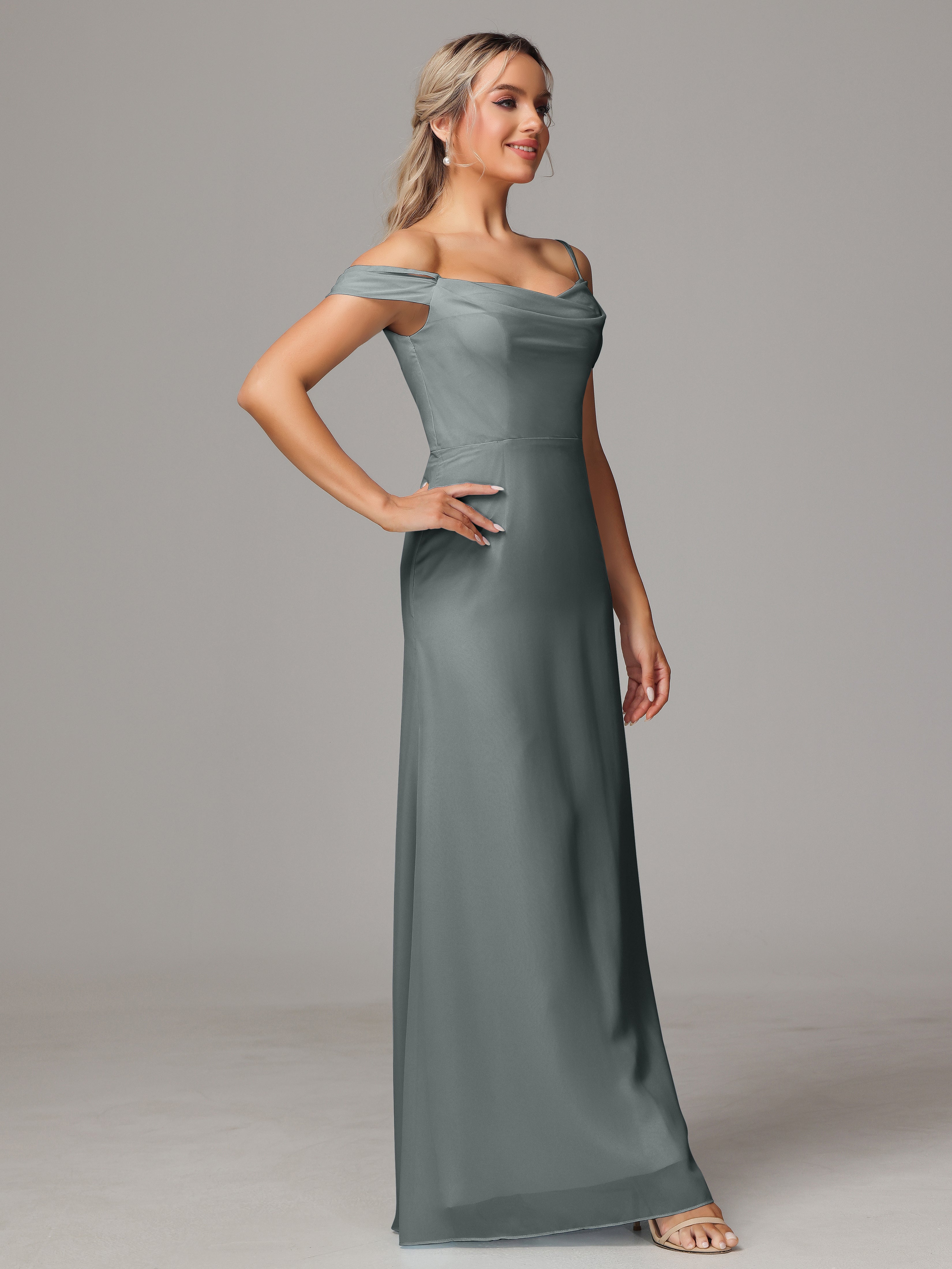 Demoiselle D Honneur Gris Accueil Froid Trapèze Mousseline Longue Robes Demoiselle D'Honneur