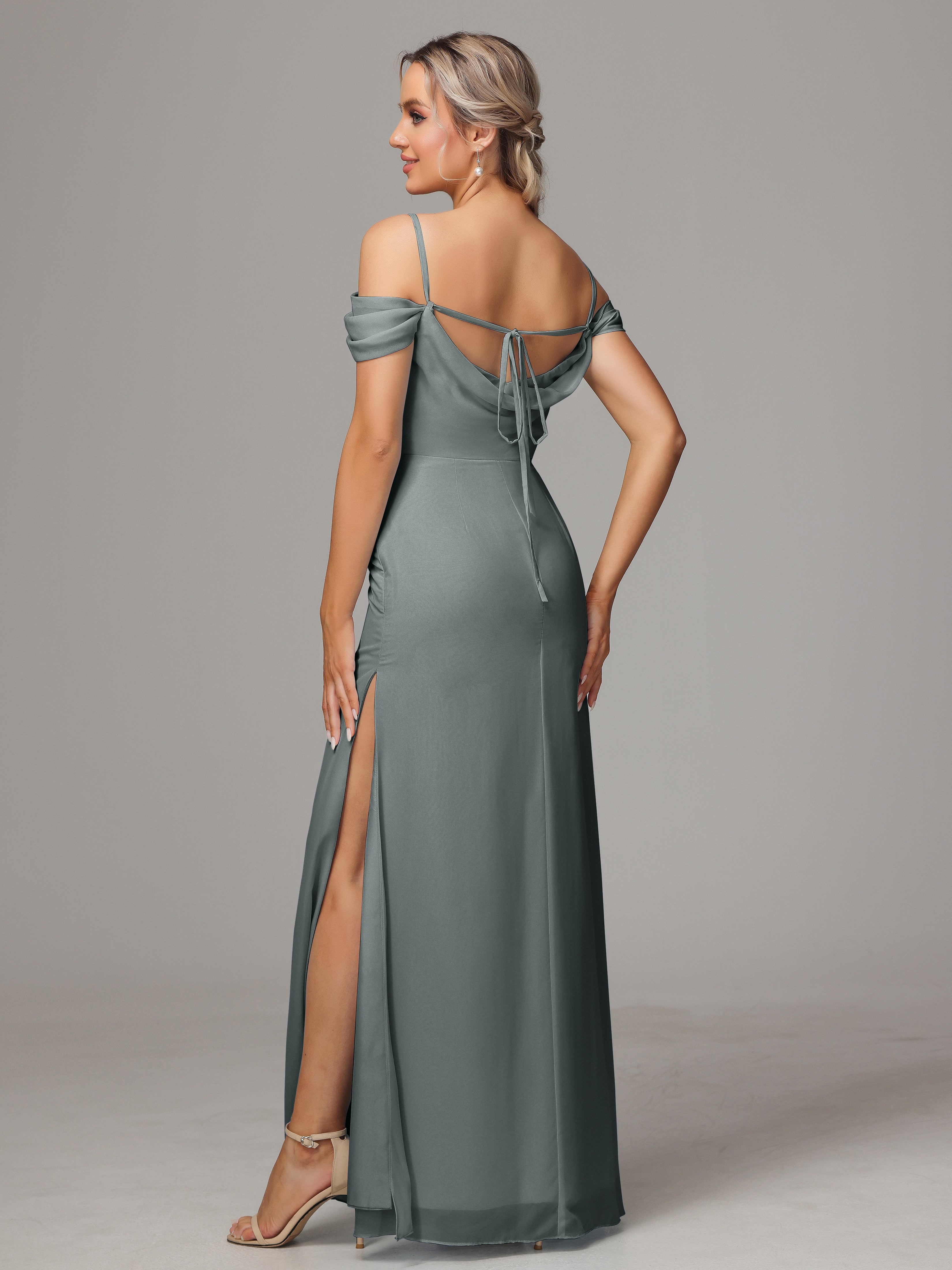 Demoiselle D Honneur Gris Accueil Froid Trapèze Mousseline Longue Robes Demoiselle D'Honneur