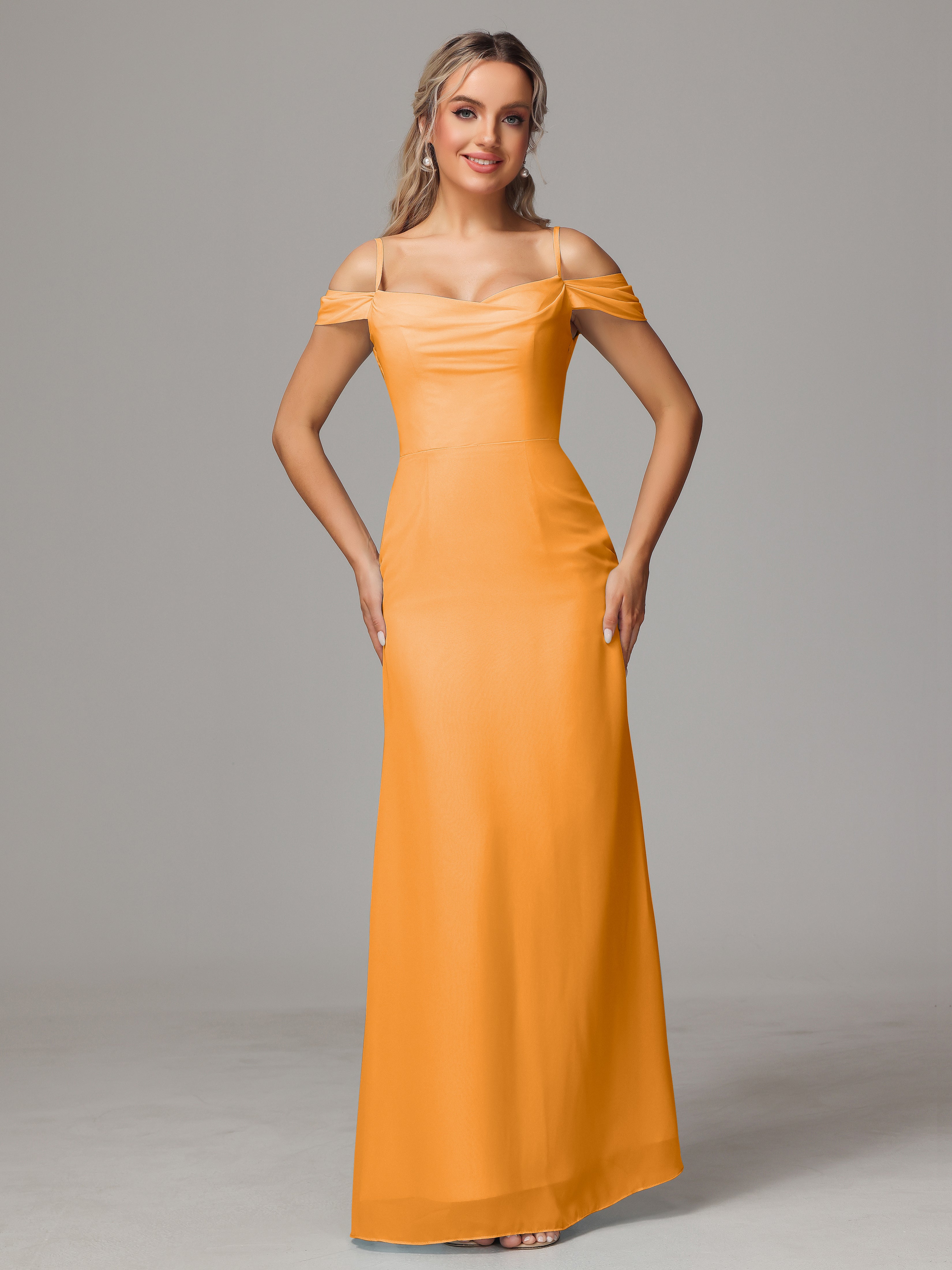 Robes De Demoiselle D'Honneur Mandarine Accueil Froid Trapèze Mousseline Longue Robes Demoiselle D'Honneur