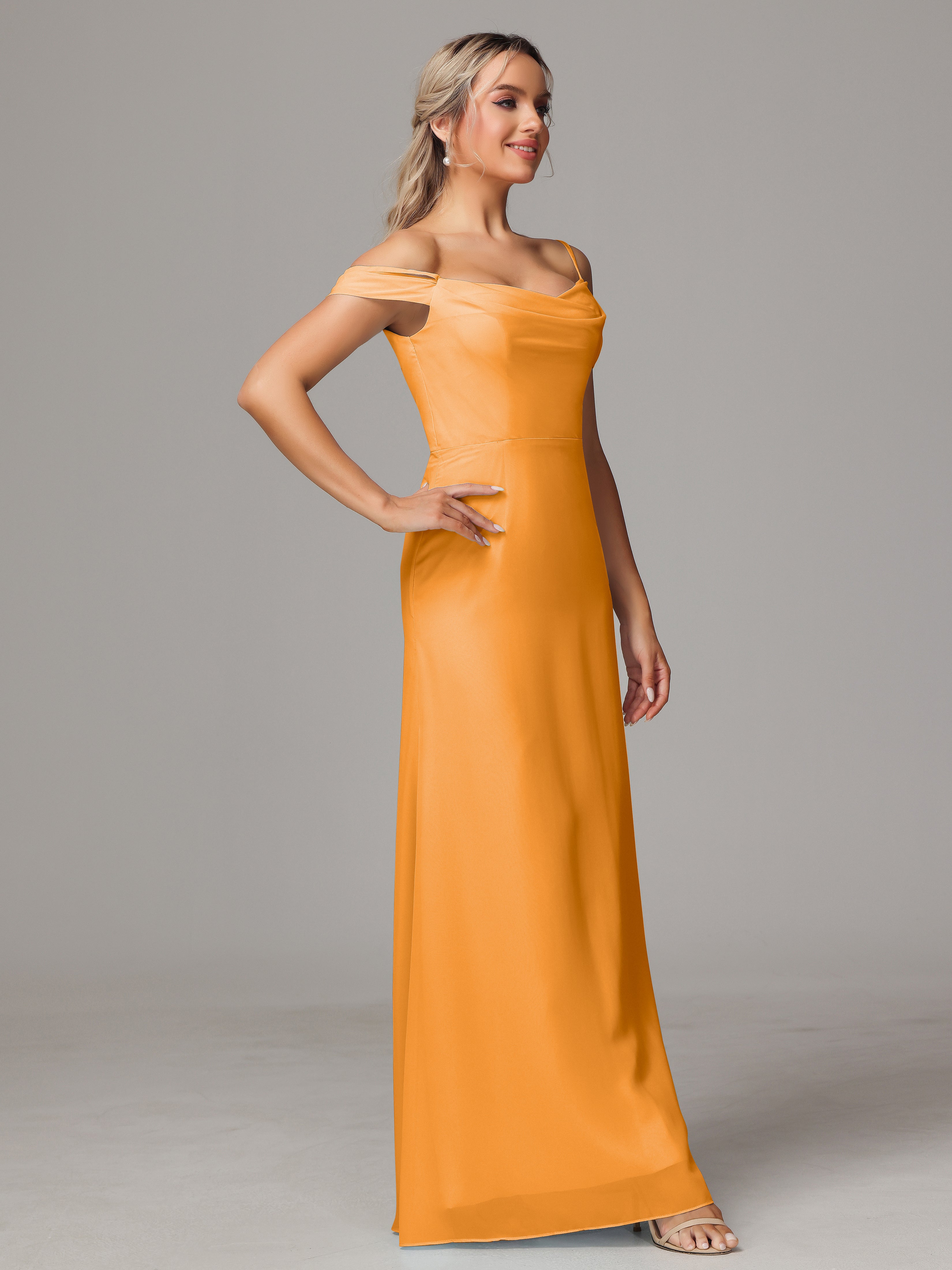 Robes De Demoiselle D'Honneur Mandarine Accueil Froid Trapèze Mousseline Longue Robes Demoiselle D'Honneur