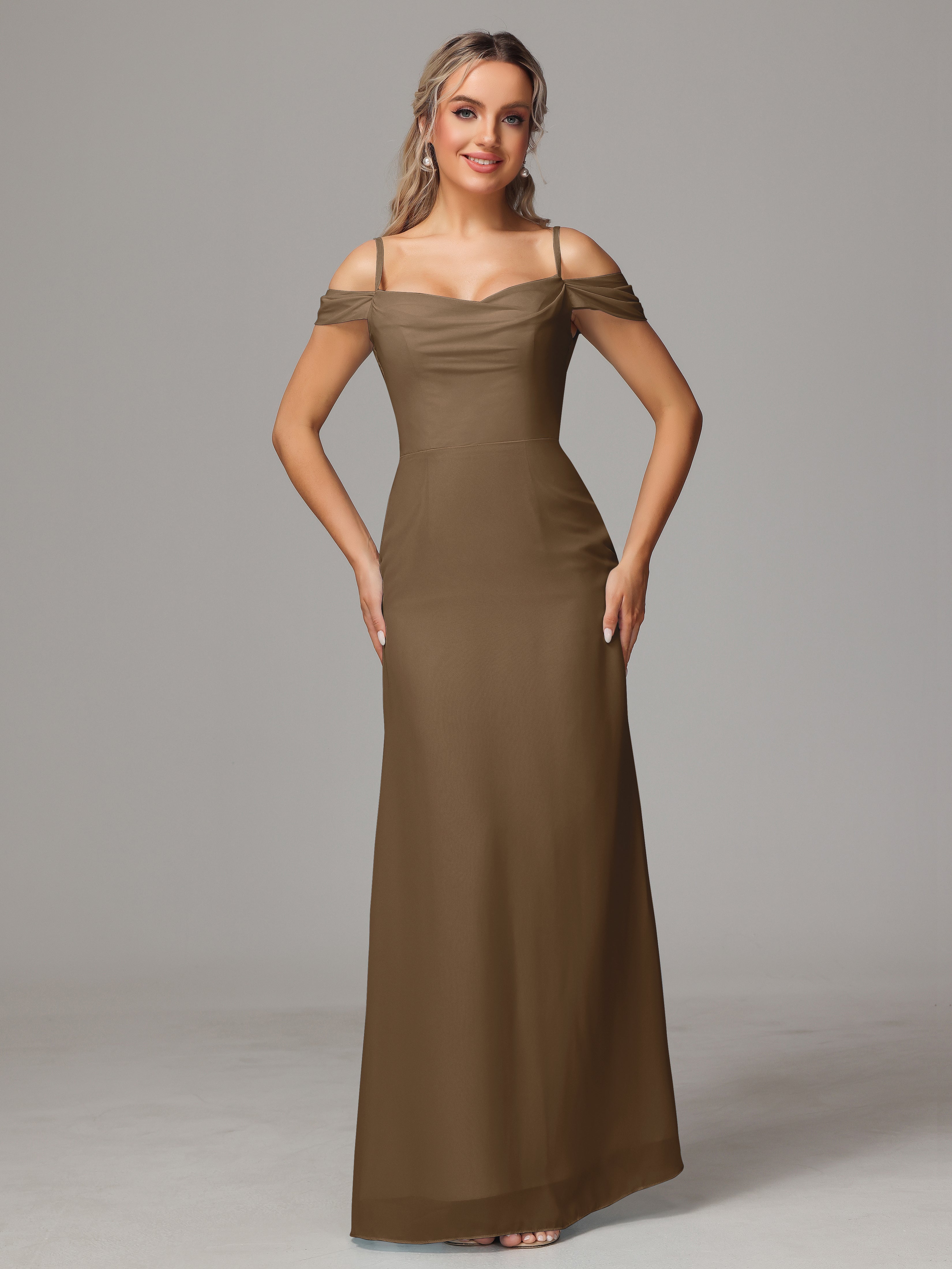 Robe De Demoiselle D'Honneur Moka Accueil Froid Trapèze Mousseline Longue Robes Demoiselle D'Honneur