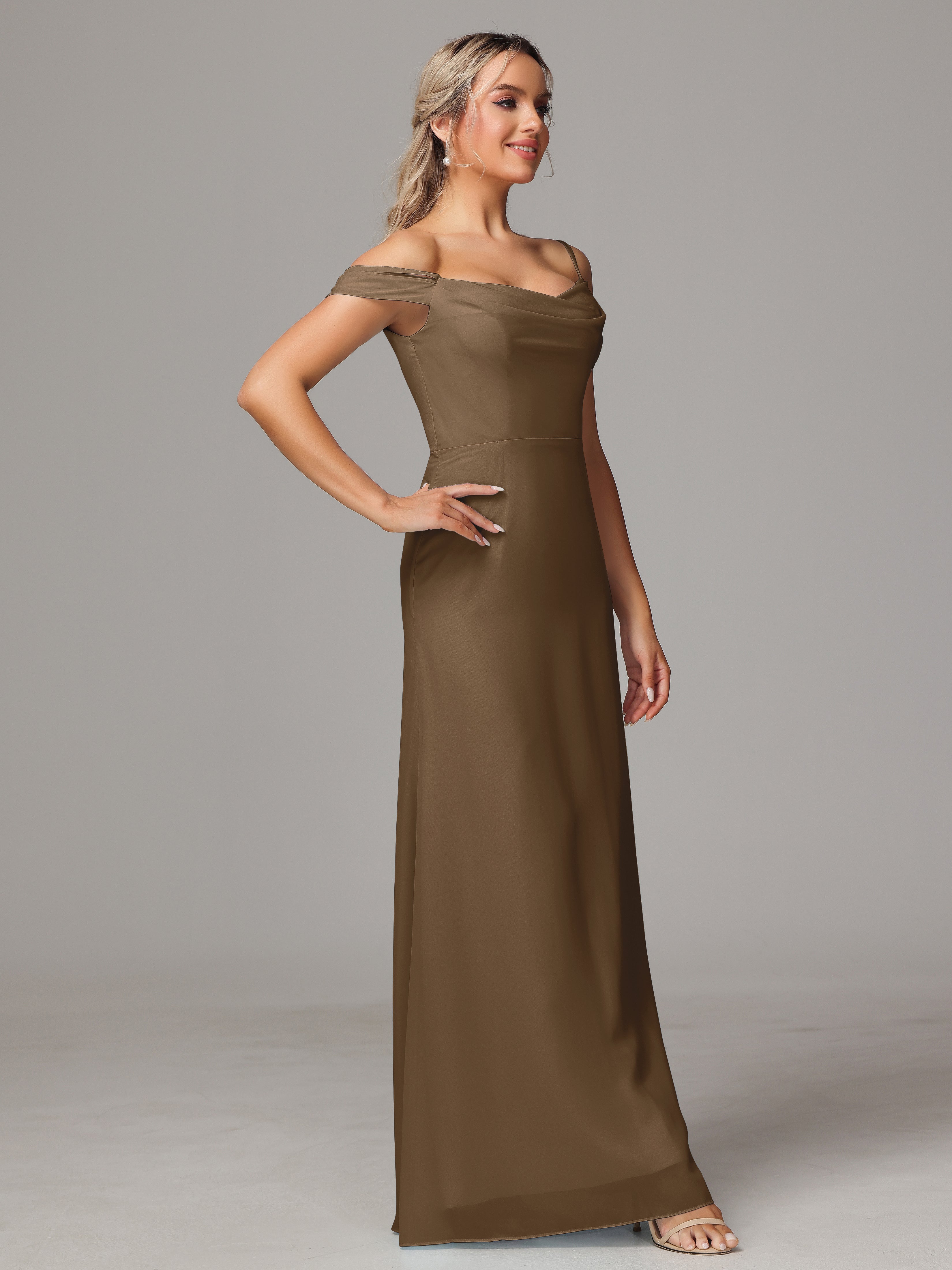 Robe De Demoiselle D'Honneur Moka Accueil Froid Trapèze Mousseline Longue Robes Demoiselle D'Honneur