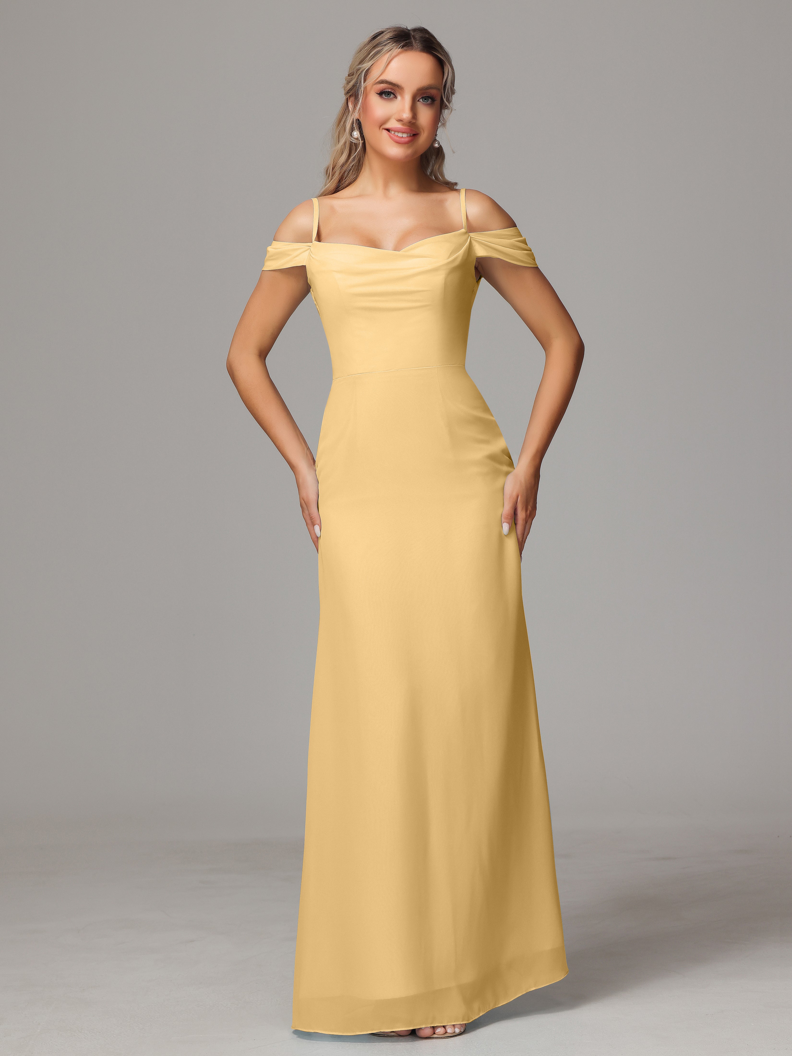 Robe Dorée Mariage Demoiselle D Honneur Accueil Froid Trapèze Mousseline Longue Robes Demoiselle D'Honneur