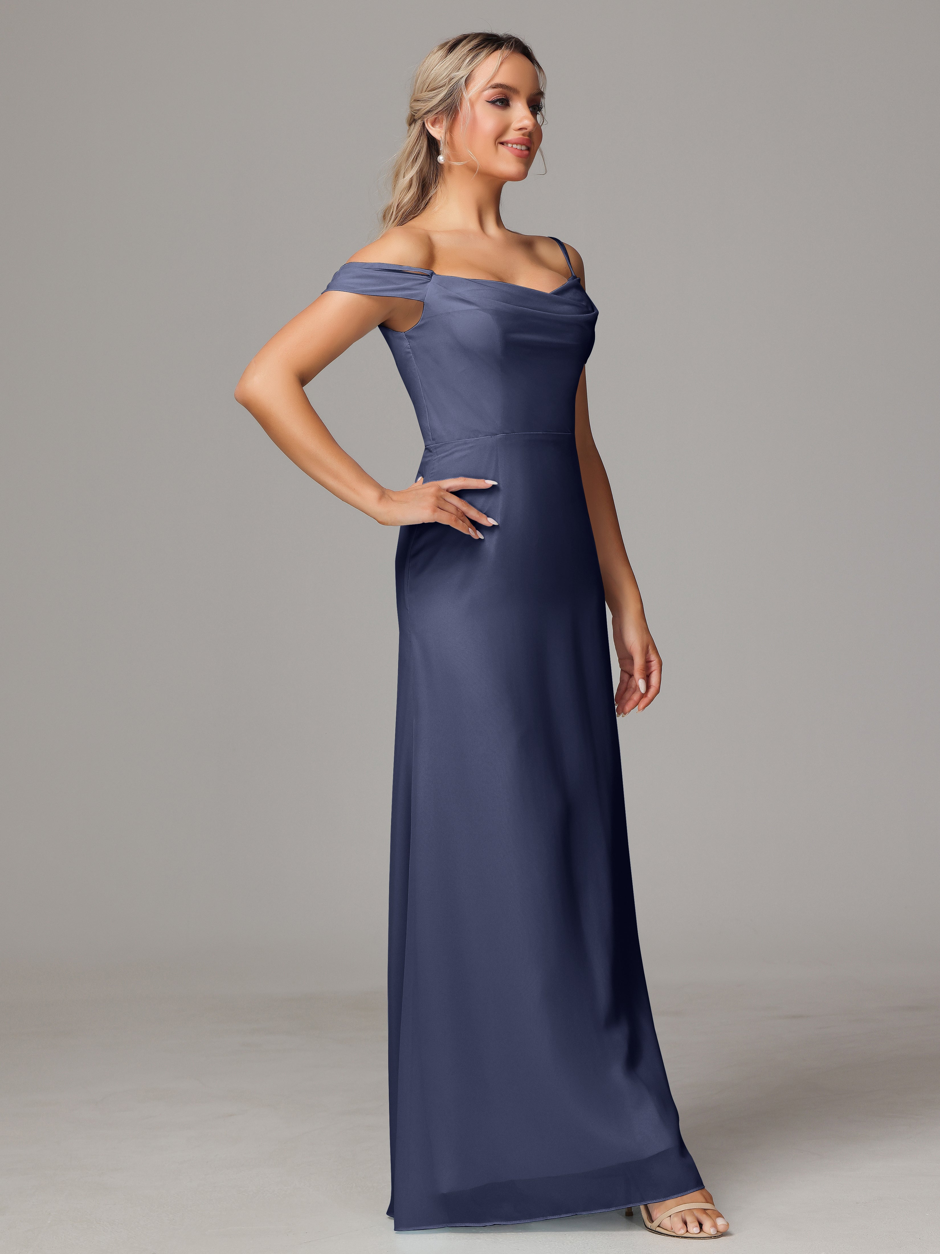 Robes De Demoiselle D'Honneur Bleu Orageux Accueil Froid Trapèze Mousseline Longue Robes Demoiselle D'Honneur