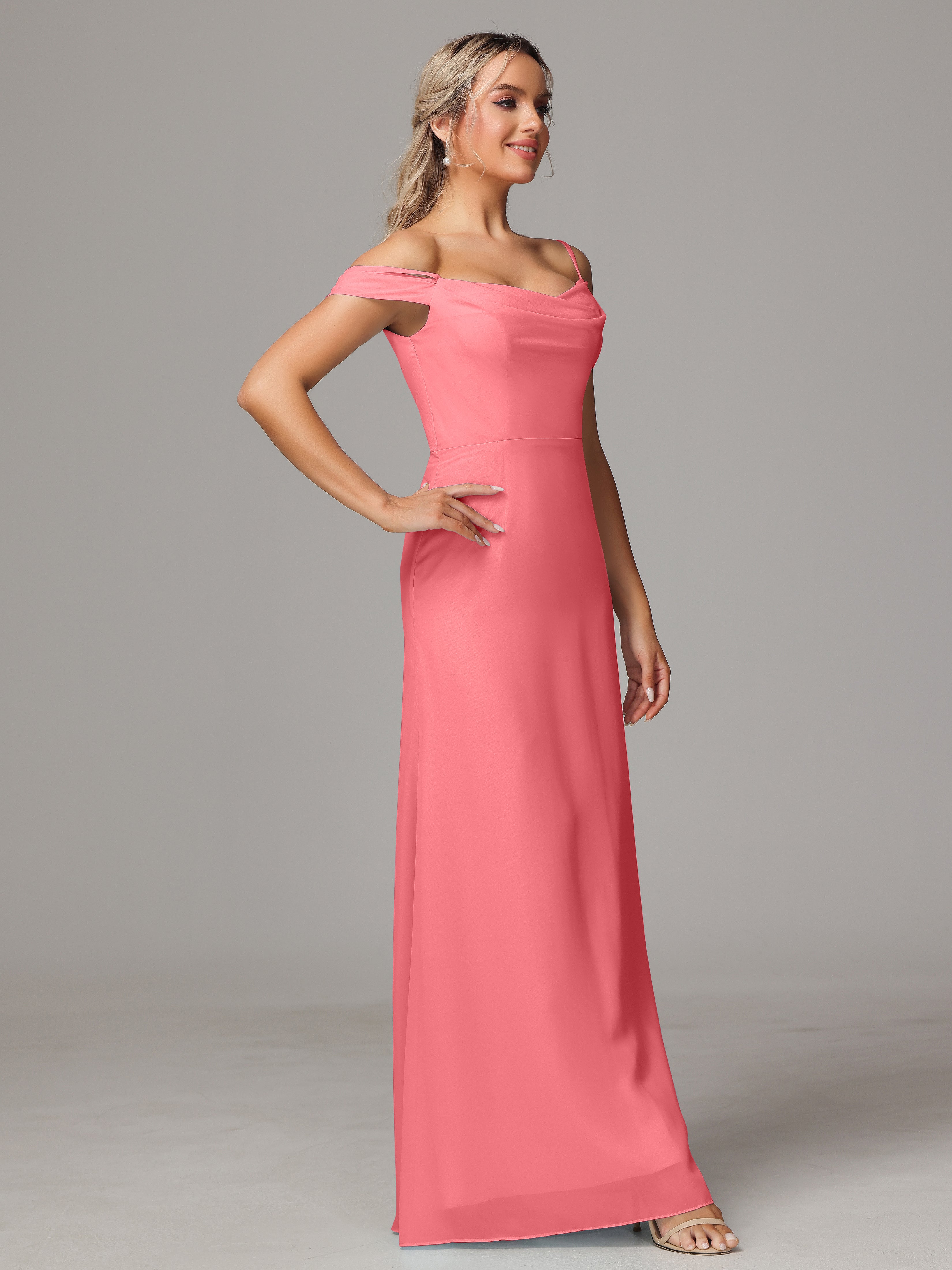 Robes De Demoiselle D'Honneur Pastèque Accueil Froid Trapèze Mousseline Longue Robes Demoiselle D'Honneur