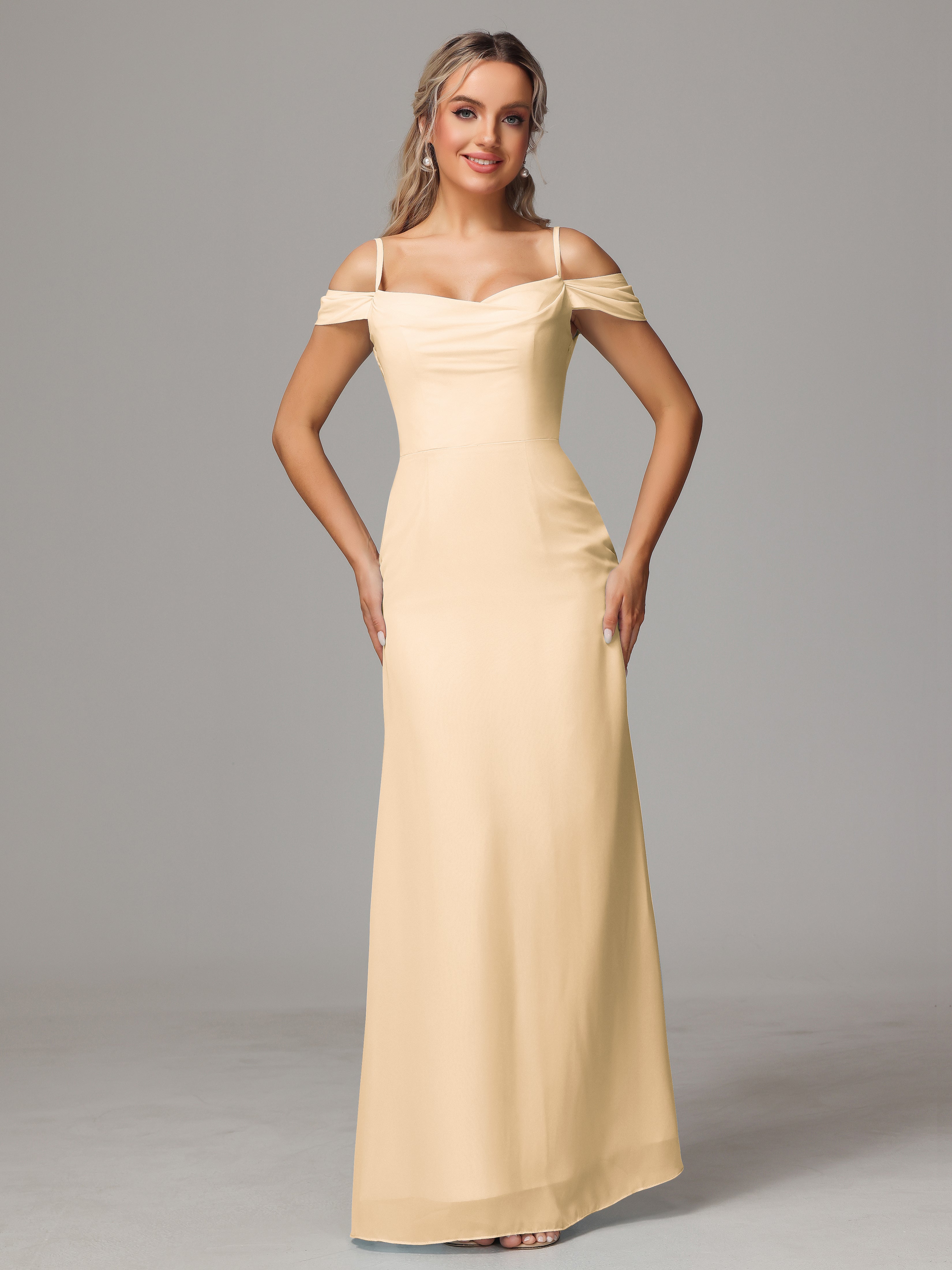 Robe De Demoiselle D Honneur Peche Accueil Froid Trapèze Mousseline Longue Robes Demoiselle D'Honneur