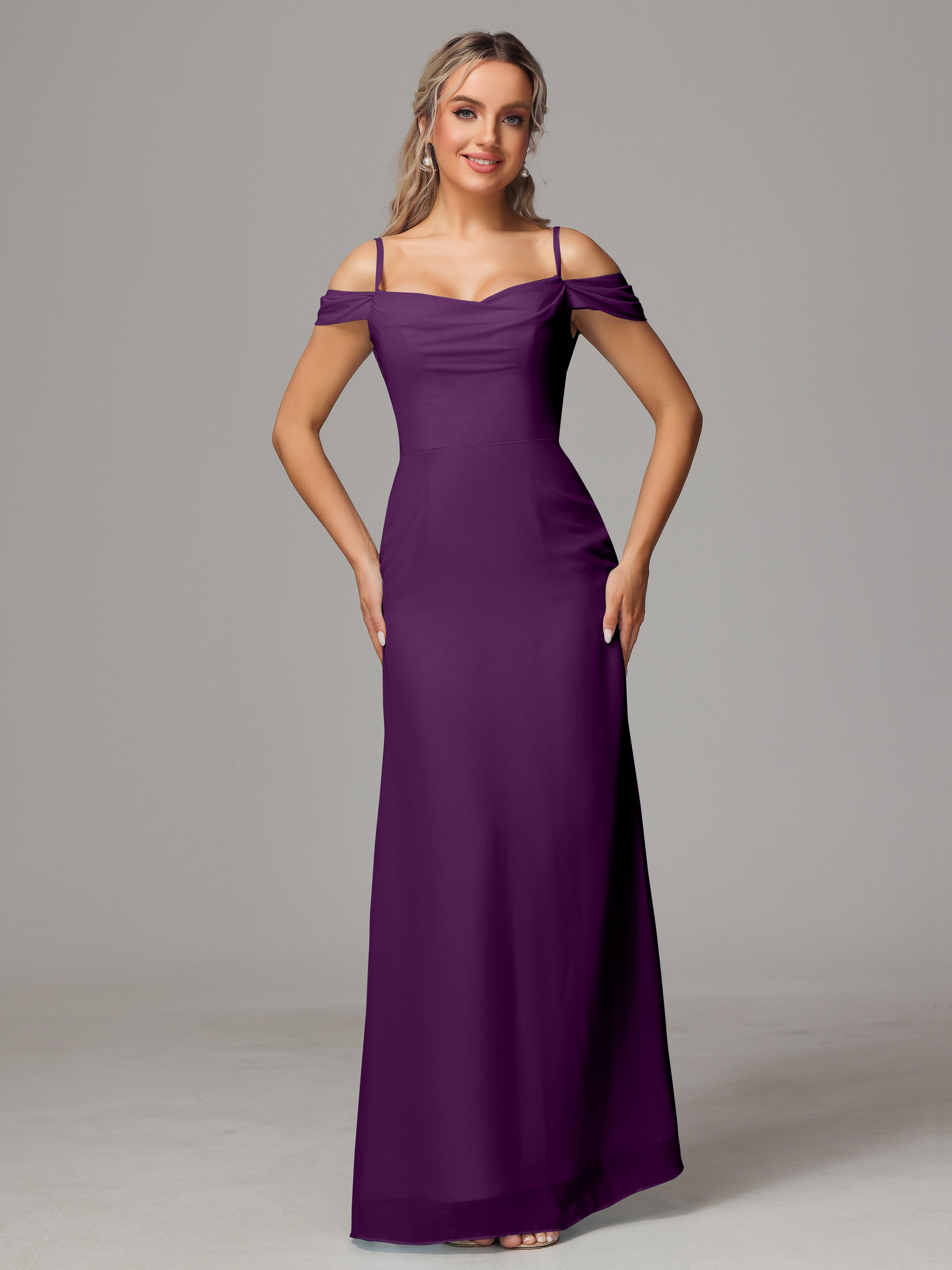 Robes De Demoiselle D'Honneur En Raisin Accueil Froid Trapèze Mousseline Longue Robes Demoiselle D'Honneur