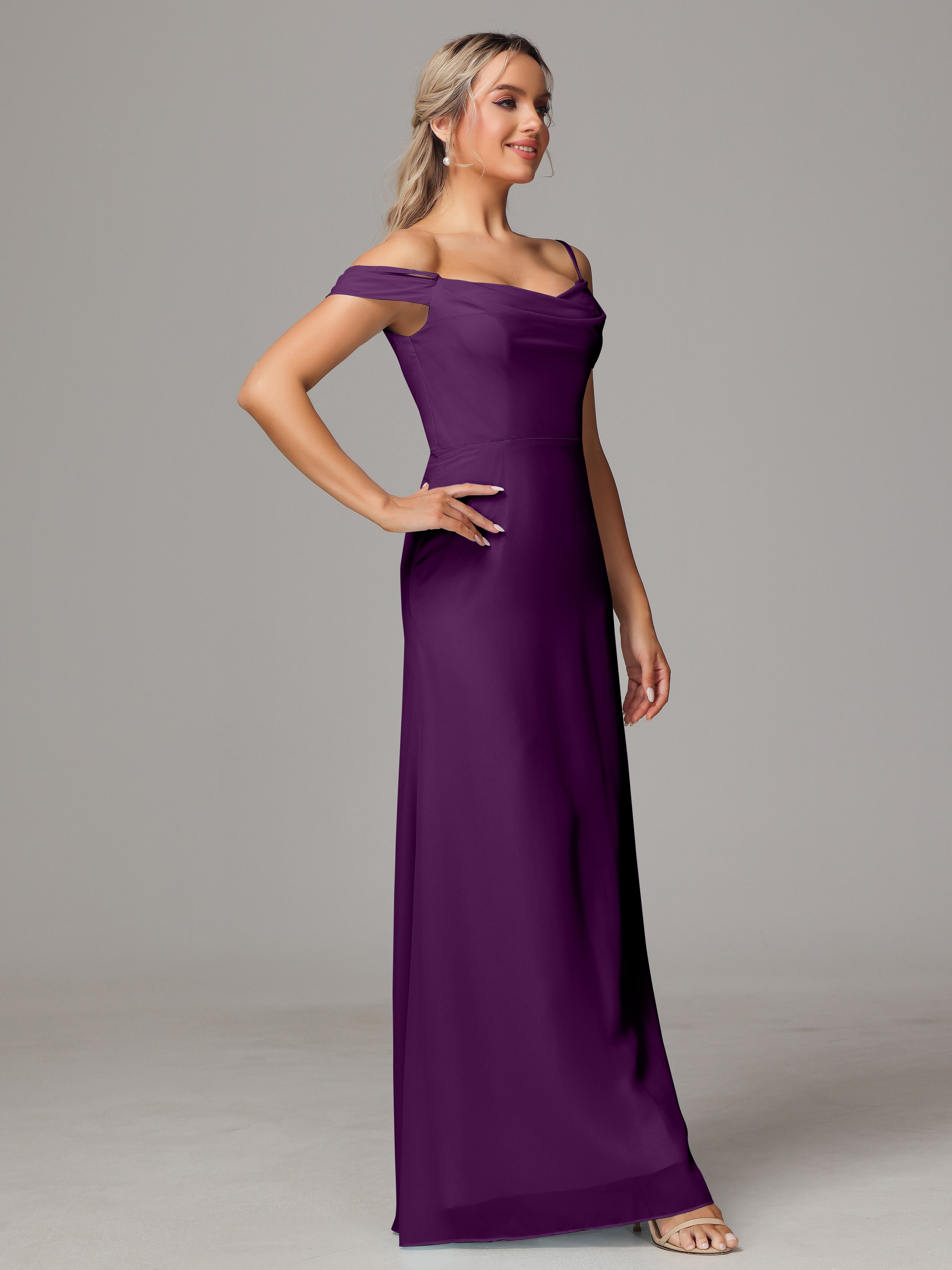 Robes De Demoiselle D'Honneur En Raisin Accueil Froid Trapèze Mousseline Longue Robes Demoiselle D'Honneur