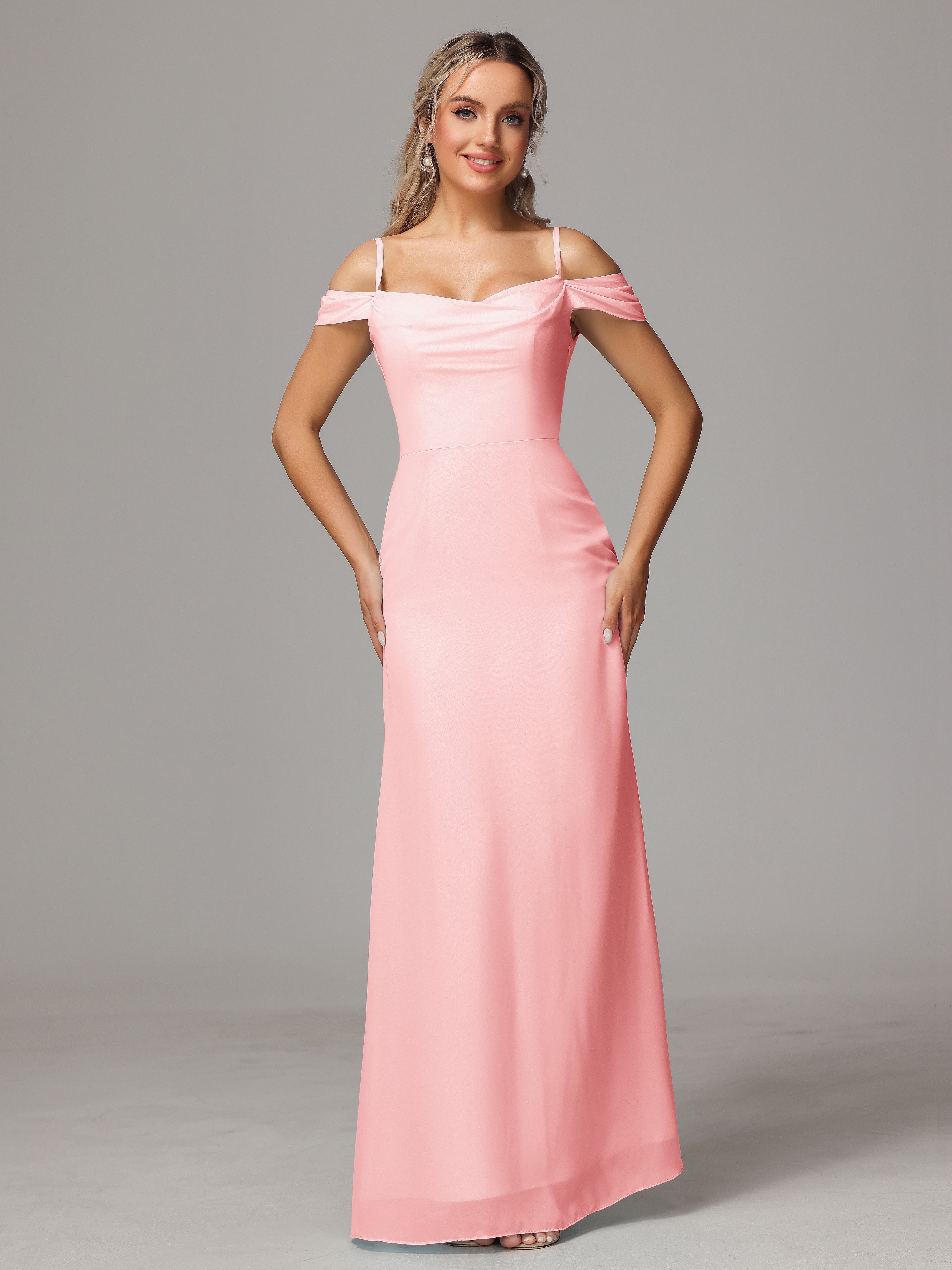 Robes De Demoiselle D'Honneur De Couleur Rose Accueil Froid Trapèze Mousseline Longue Robes Demoiselle D'Honneur