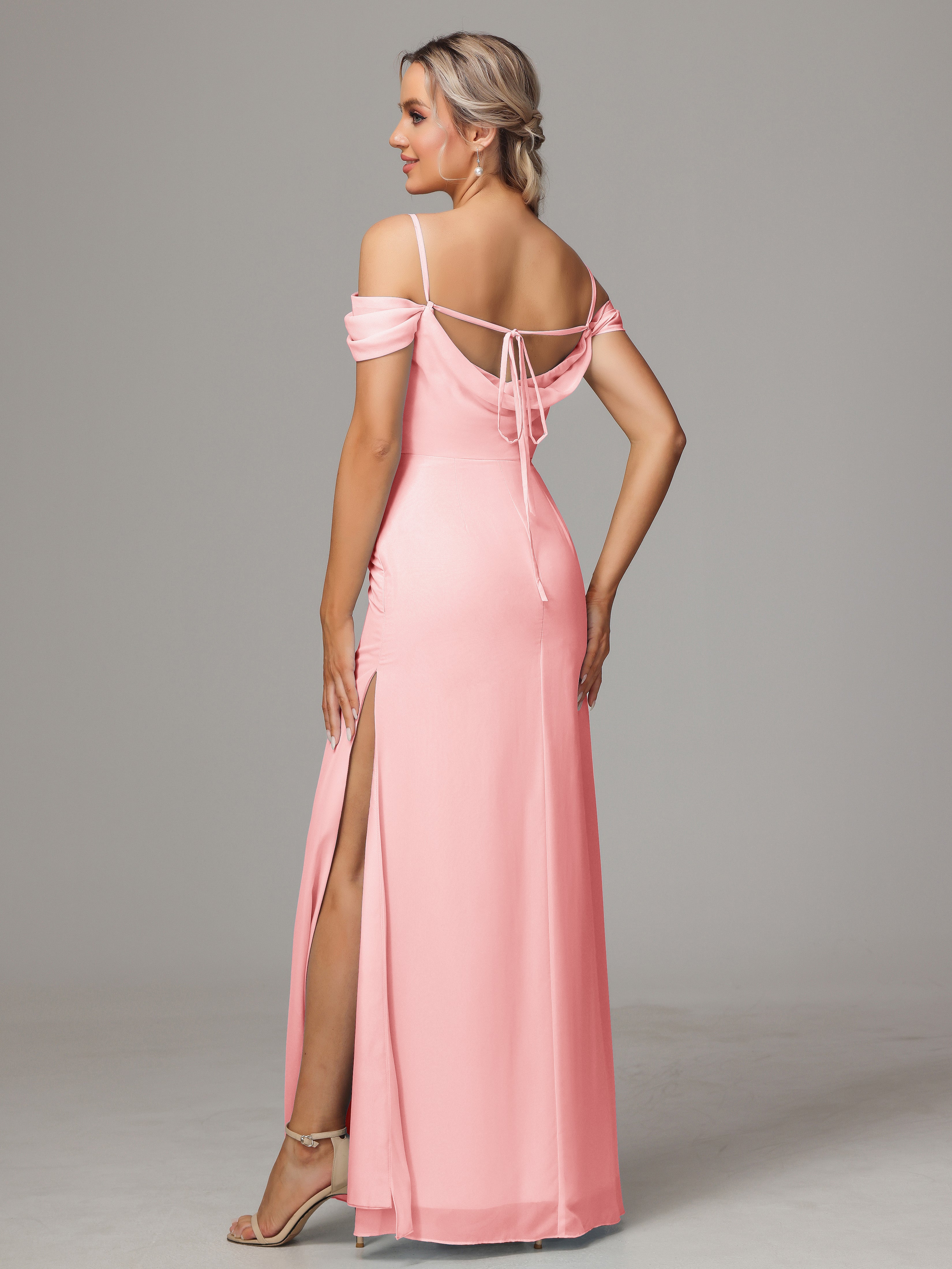 Robes De Demoiselle D'Honneur De Couleur Rose Accueil Froid Trapèze Mousseline Longue Robes Demoiselle D'Honneur