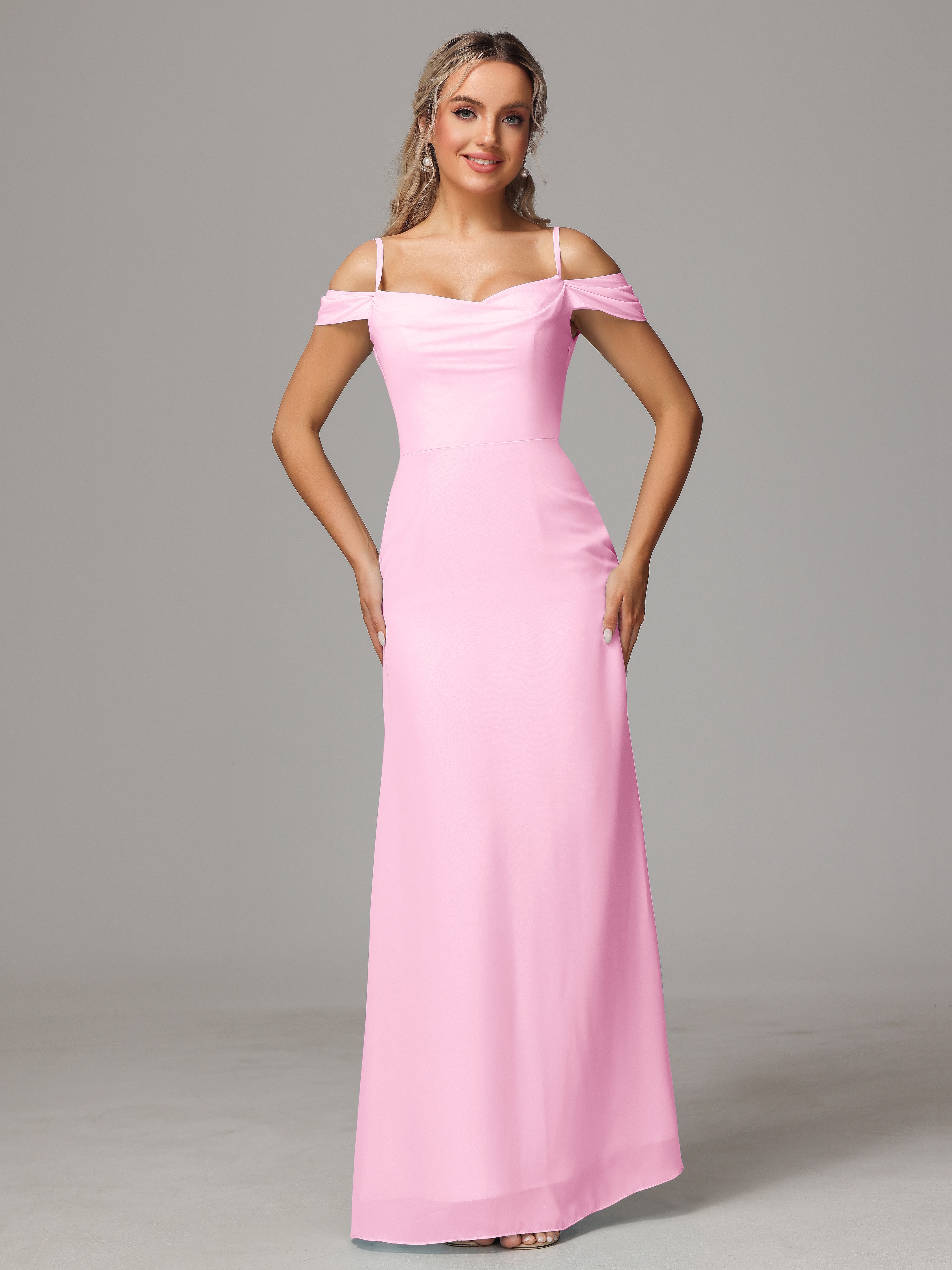 Robe Demoiselle D Honneur Rose Bonbon Accueil Froid Trapèze Mousseline Longue Robes Demoiselle D'Honneur